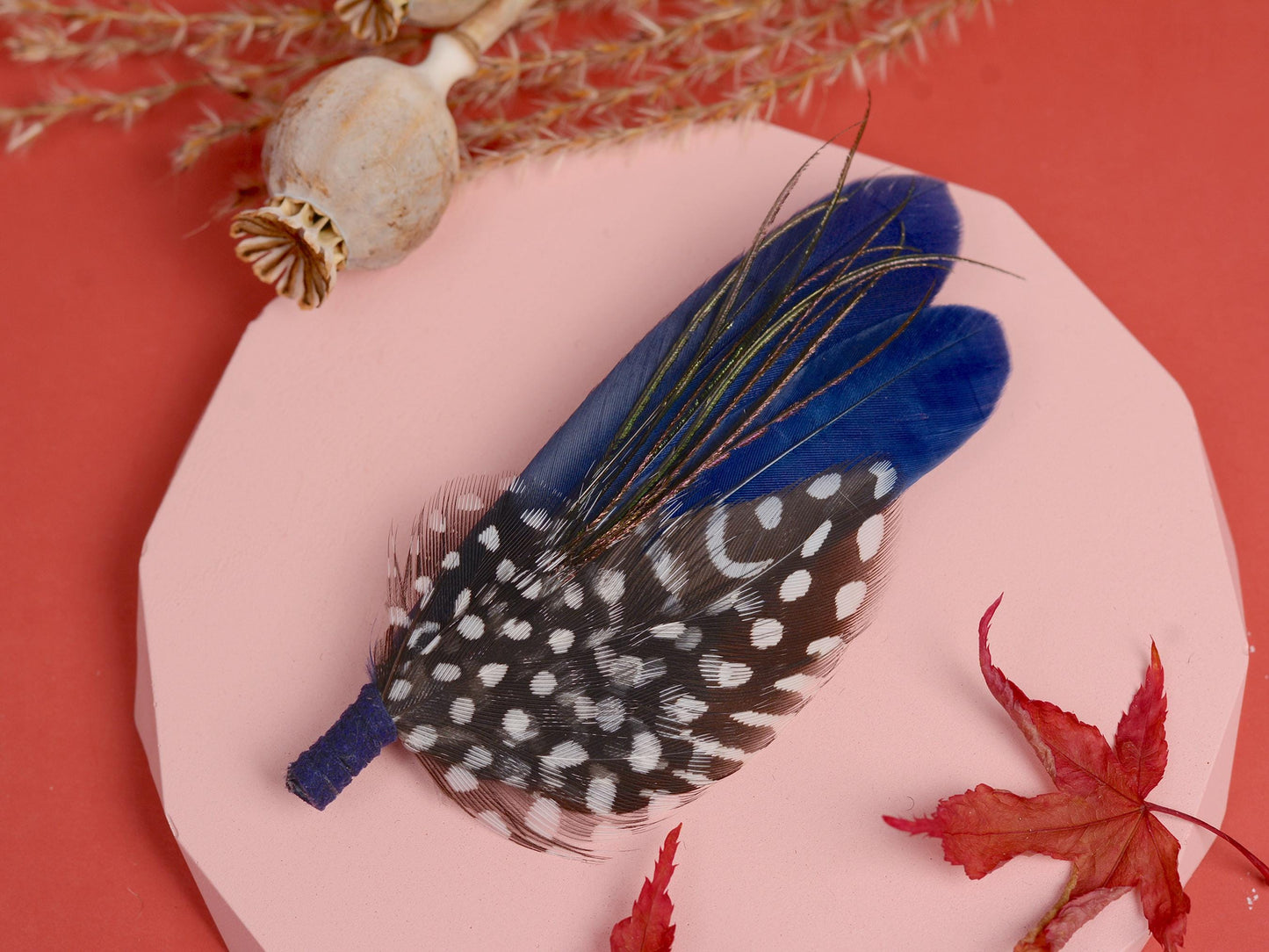 Navy Blue and Spotted Feather Boutonniere | Feather Brooch | Feather Hat Pin | Feather Corsage