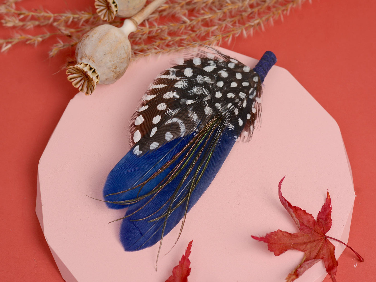 Navy Blue and Spotted Feather Boutonniere | Feather Brooch | Feather Hat Pin | Feather Corsage