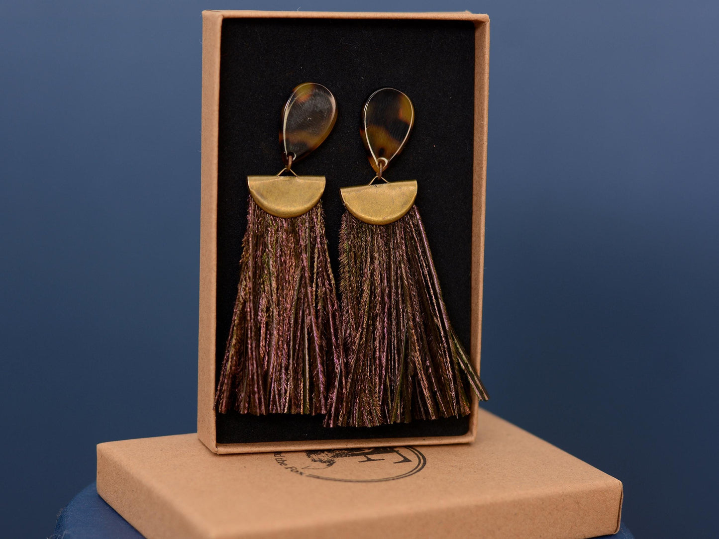 Gatsby - Peacock Feather Tassel Earrings in Tortoiseshell Acetate and Shimmering Green | Feather Jewellery | Statement Earrings