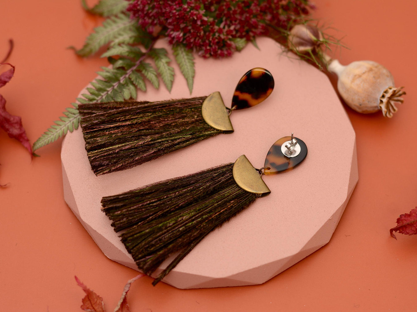 Gatsby - Peacock Feather Tassel Earrings in Tortoiseshell Acetate and Shimmering Green | Feather Jewellery | Statement Earrings