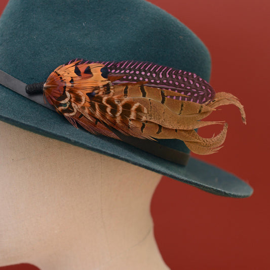 Large Feather Hat Pin in Plum Purple and Copper Pheasant No.307 Unique Pheasant Feather Boutonniere