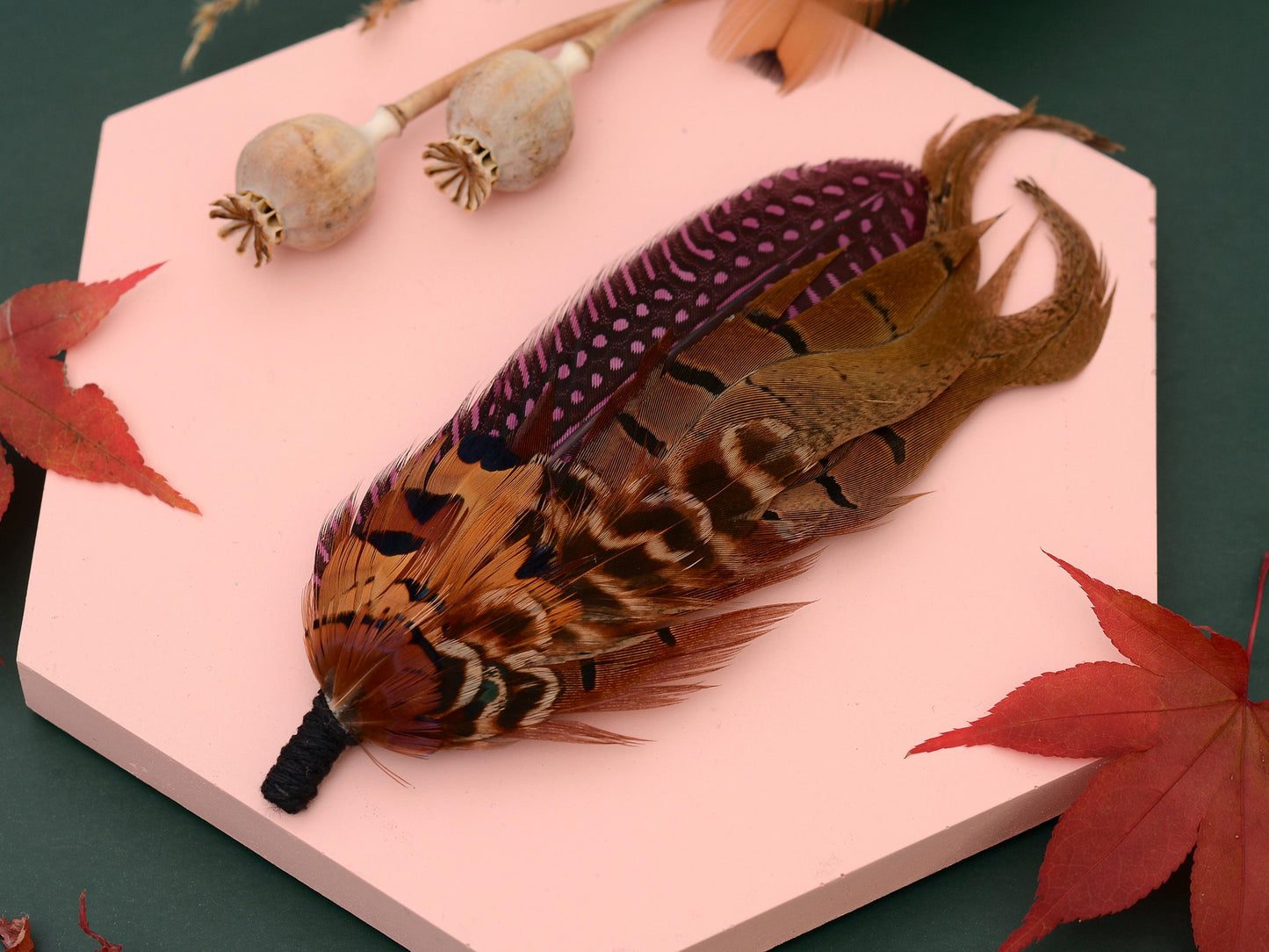 Large Feather Hat Pin in Plum Purple and Copper Pheasant No.307 Unique Pheasant Feather Boutonniere