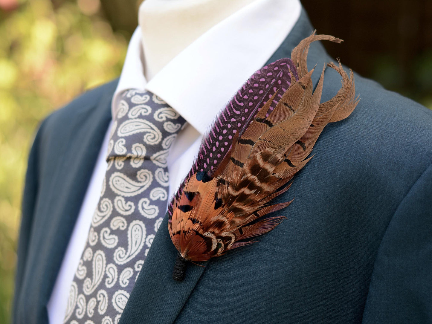 Large Feather Hat Pin in Plum Purple and Copper Pheasant No.307 Unique Pheasant Feather Boutonniere
