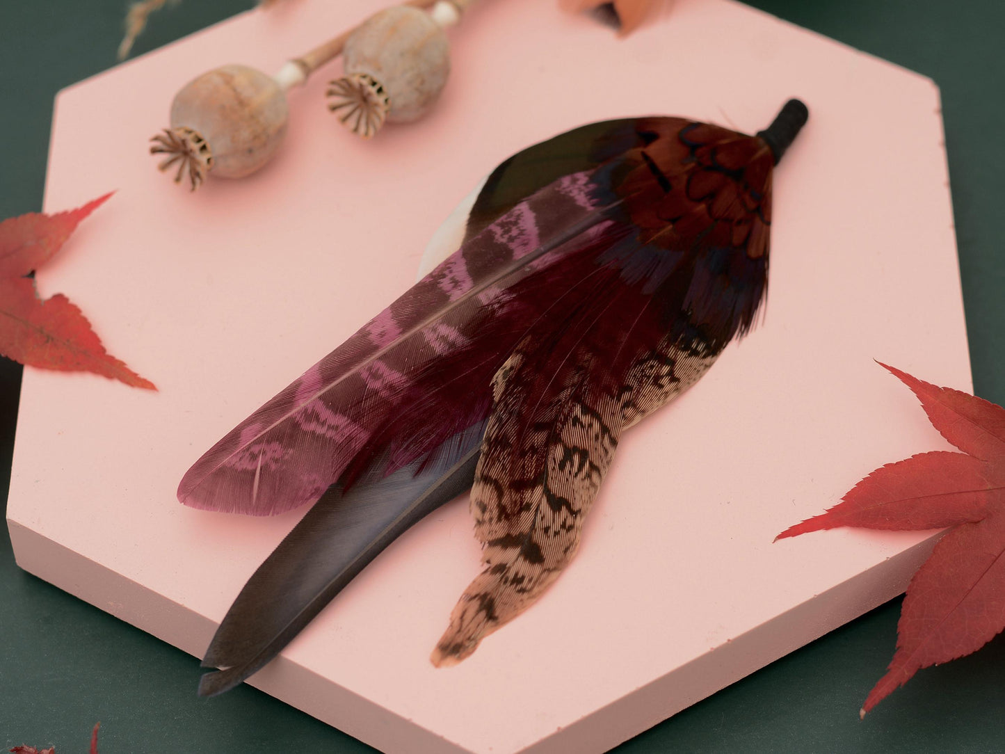 Feather Hat Pin in Plum and Burgundy No.311 | Pheasant Feather Boutonniere / Brooch