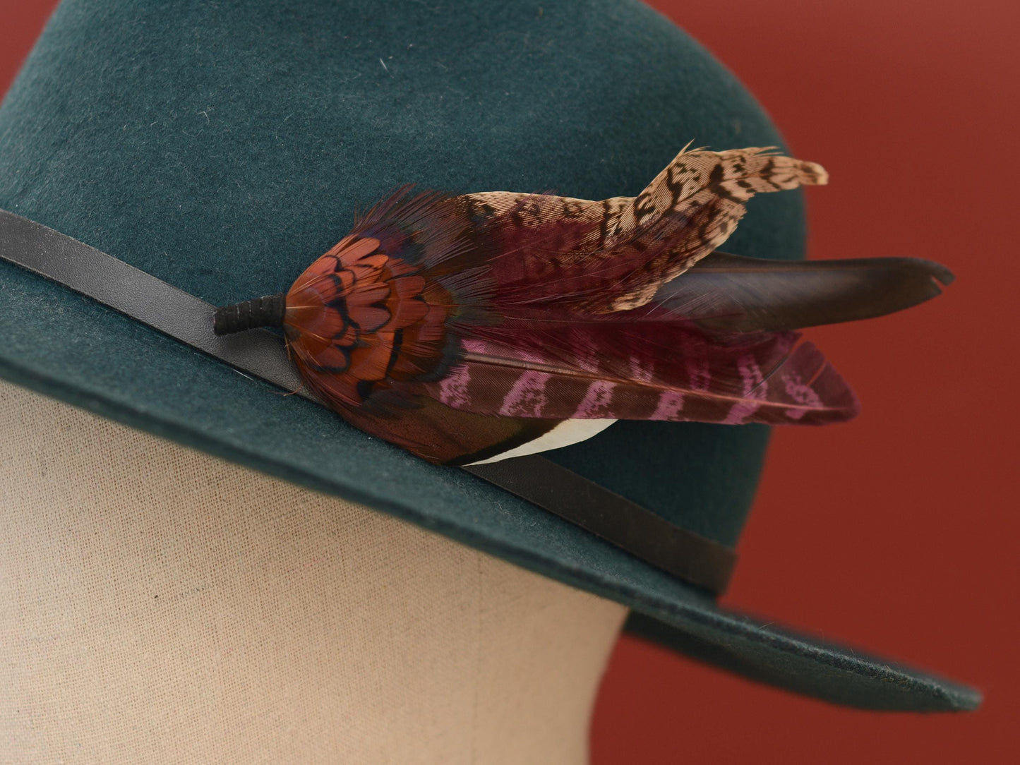 Feather Hat Pin in Plum and Burgundy No.311 | Pheasant Feather Boutonniere / Brooch