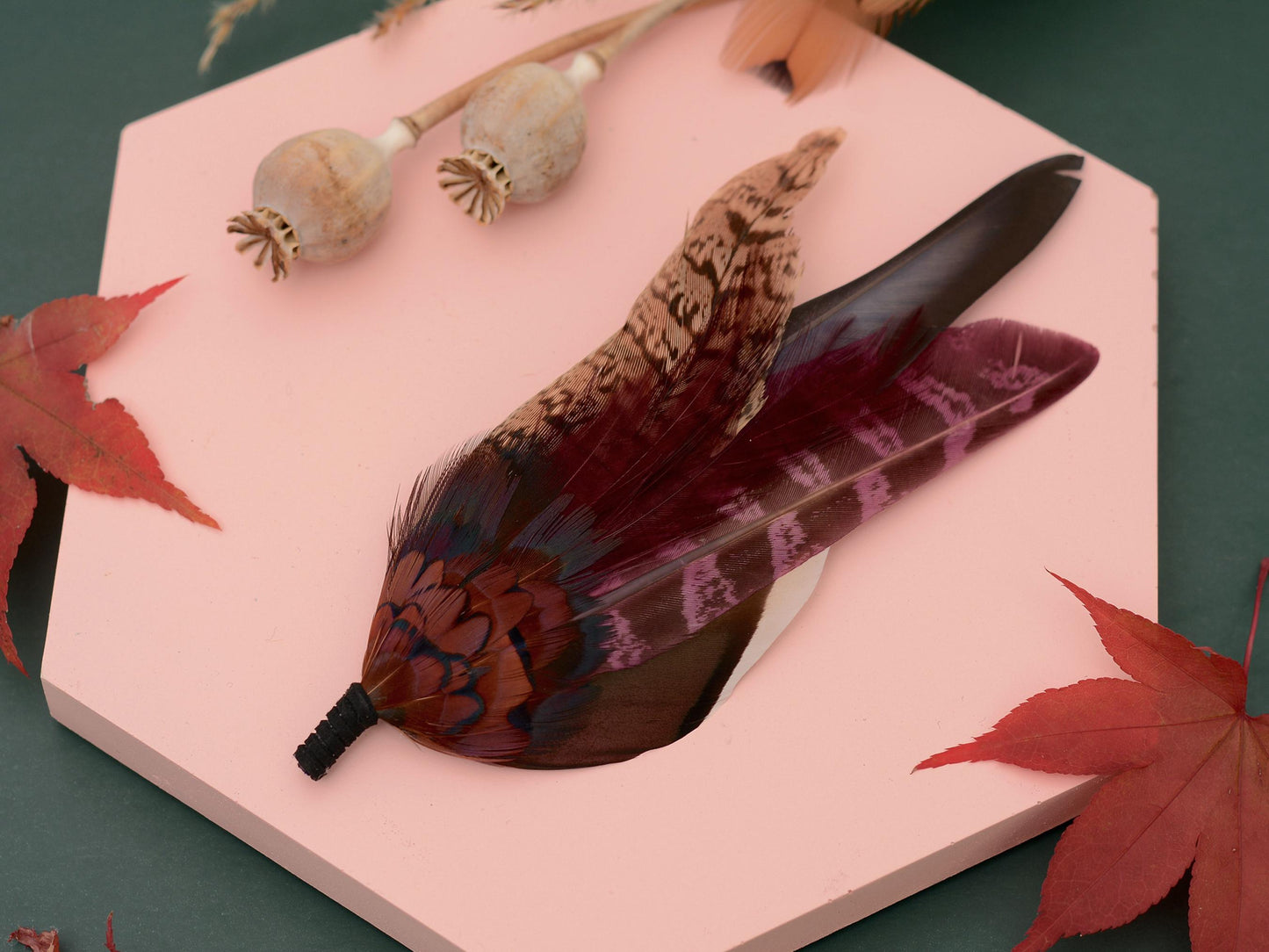 Feather Hat Pin in Plum and Burgundy No.311 | Pheasant Feather Boutonniere / Brooch