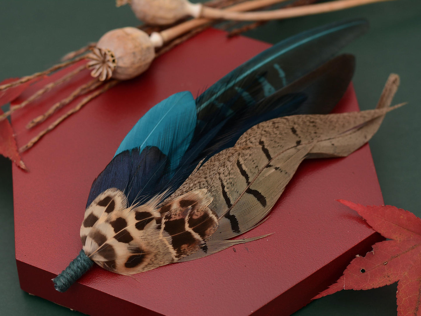 Pheasant Feather Hat Pin Brooch in Teal and Green No.308 | Unique Pheasant Feather Boutonniere | Peacock Feather Brooch