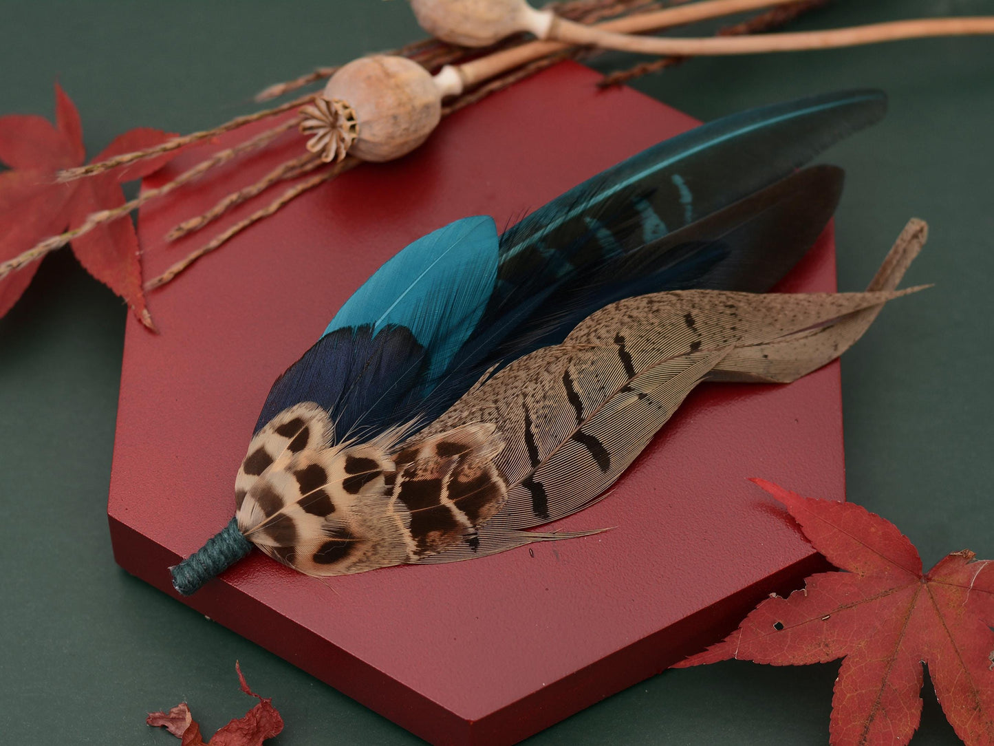 Pheasant Feather Hat Pin Brooch in Teal and Green No.308 | Unique Pheasant Feather Boutonniere | Peacock Feather Brooch