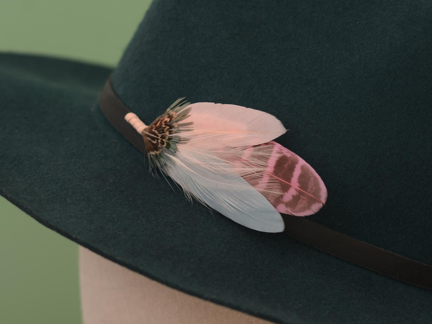 Feather Brooch Pin in Sage Green and Blush Pink | Pheasant Feather Boutonniere | Feather Hat Pin