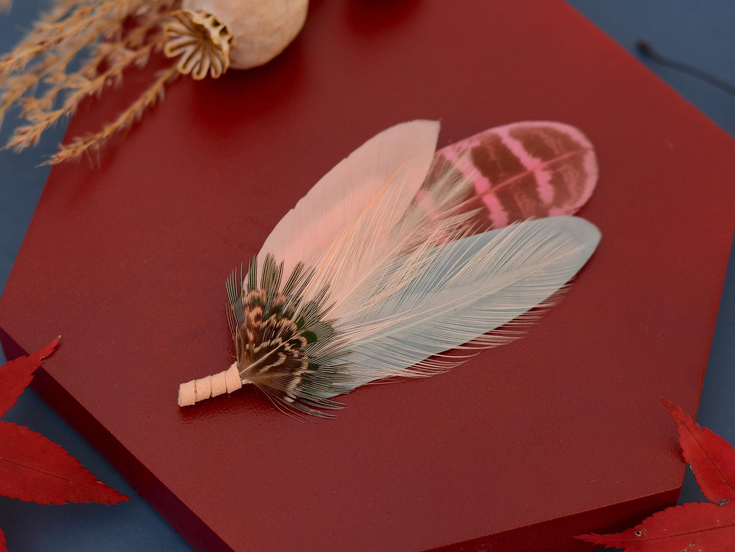 Feather Brooch Pin in Sage Green and Blush Pink | Pheasant Feather Boutonniere | Feather Hat Pin