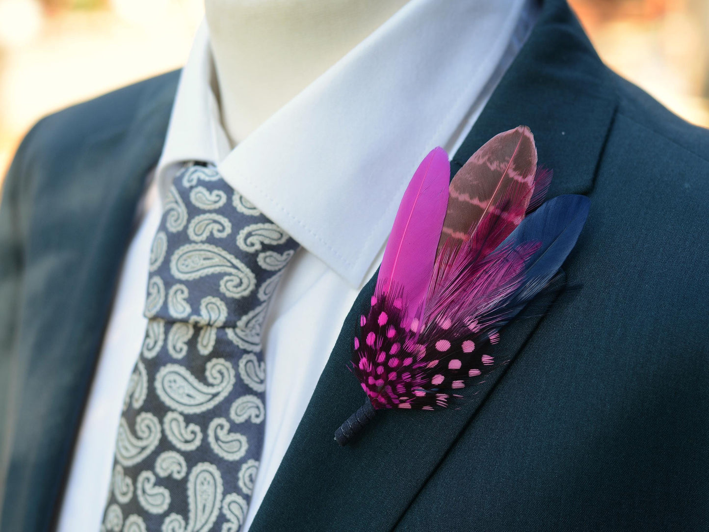 Dyed Feather Brooch Pin in Navy Blue and Hot Pink | Pheasant Feather Boutonniere | Feather Hat Pin