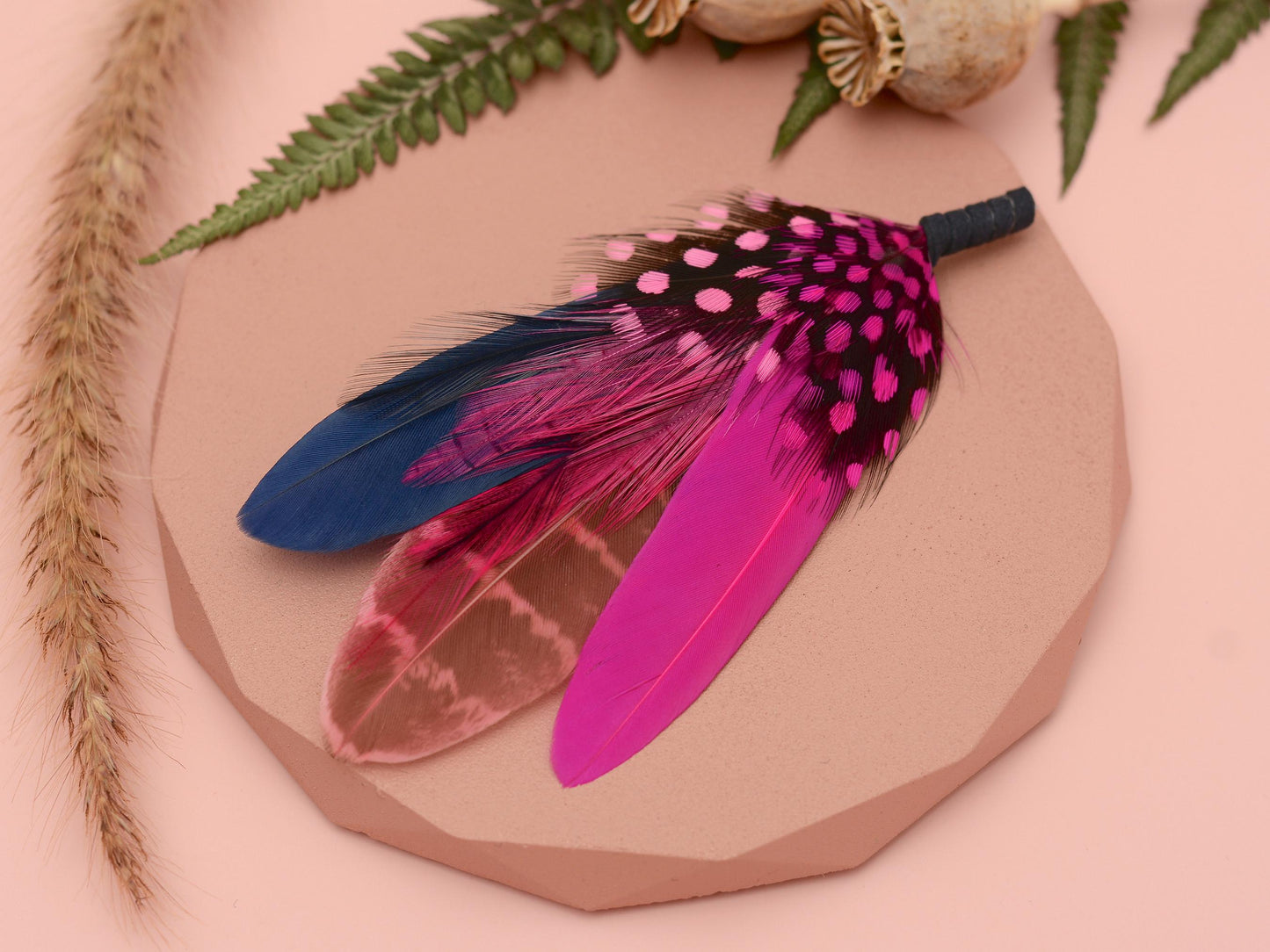 Dyed Feather Brooch Pin in Navy Blue and Hot Pink | Pheasant Feather Boutonniere | Feather Hat Pin