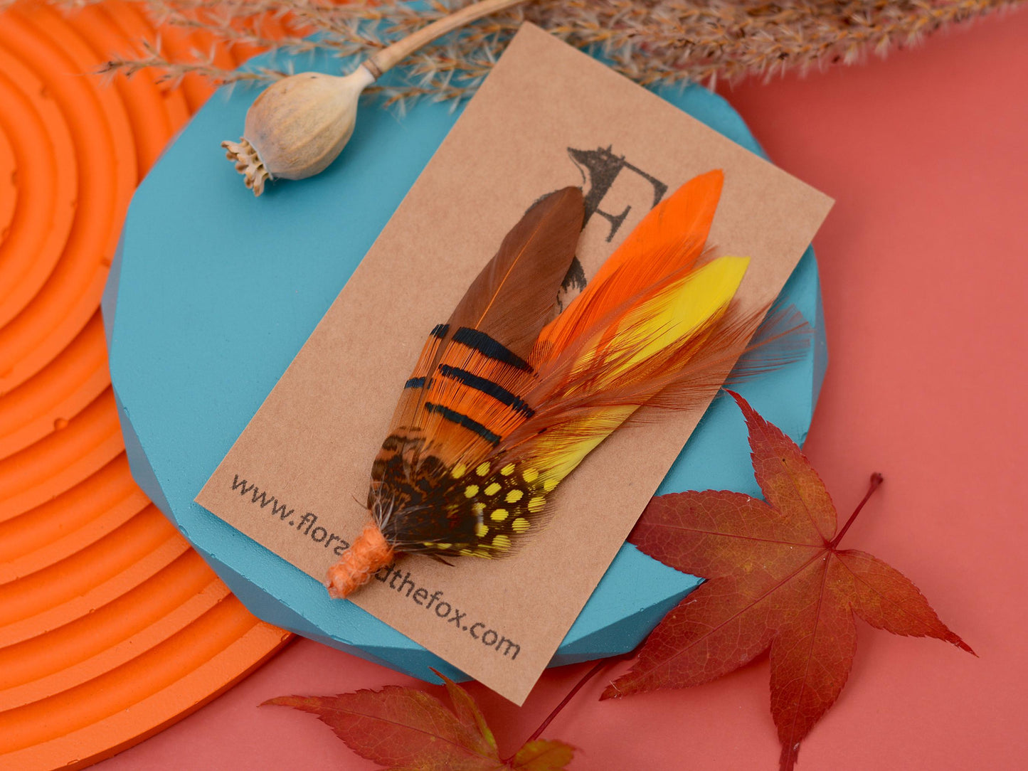 Feather Hat Pin Brooch in Fall Colours Yellow and Burnt Orange | Feather Boutonniere | Feather Brooch | Pheasant Feather Pin