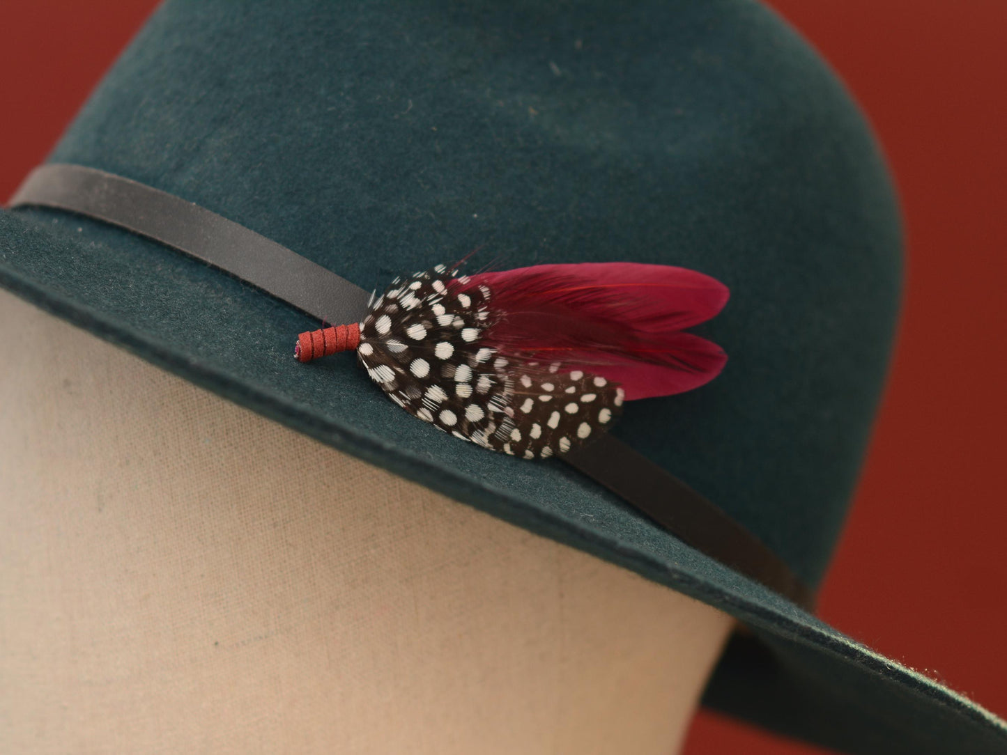 Burgundy and Polka Dot Feather Boutonniere | Feather Brooch | Feather Hat Pin | Feather Corsage