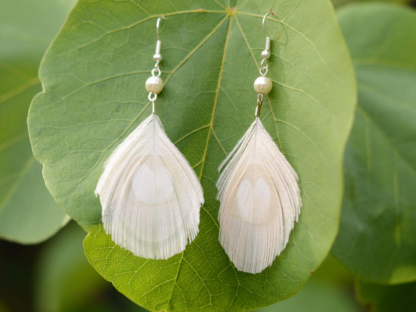 Hera - Pearl and Off- White Peacock Eye Feather Earrings