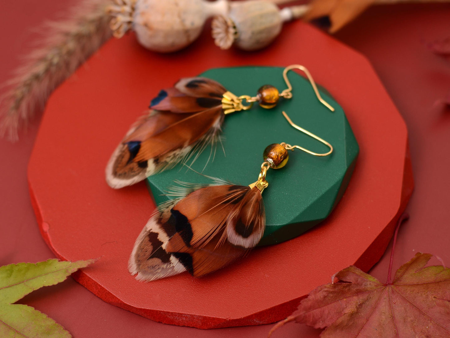 Pheasant Tassel Feather Earrings with Amber Glass Bead | Festival Earrings | Feather Jewellery | Festival Jewellery