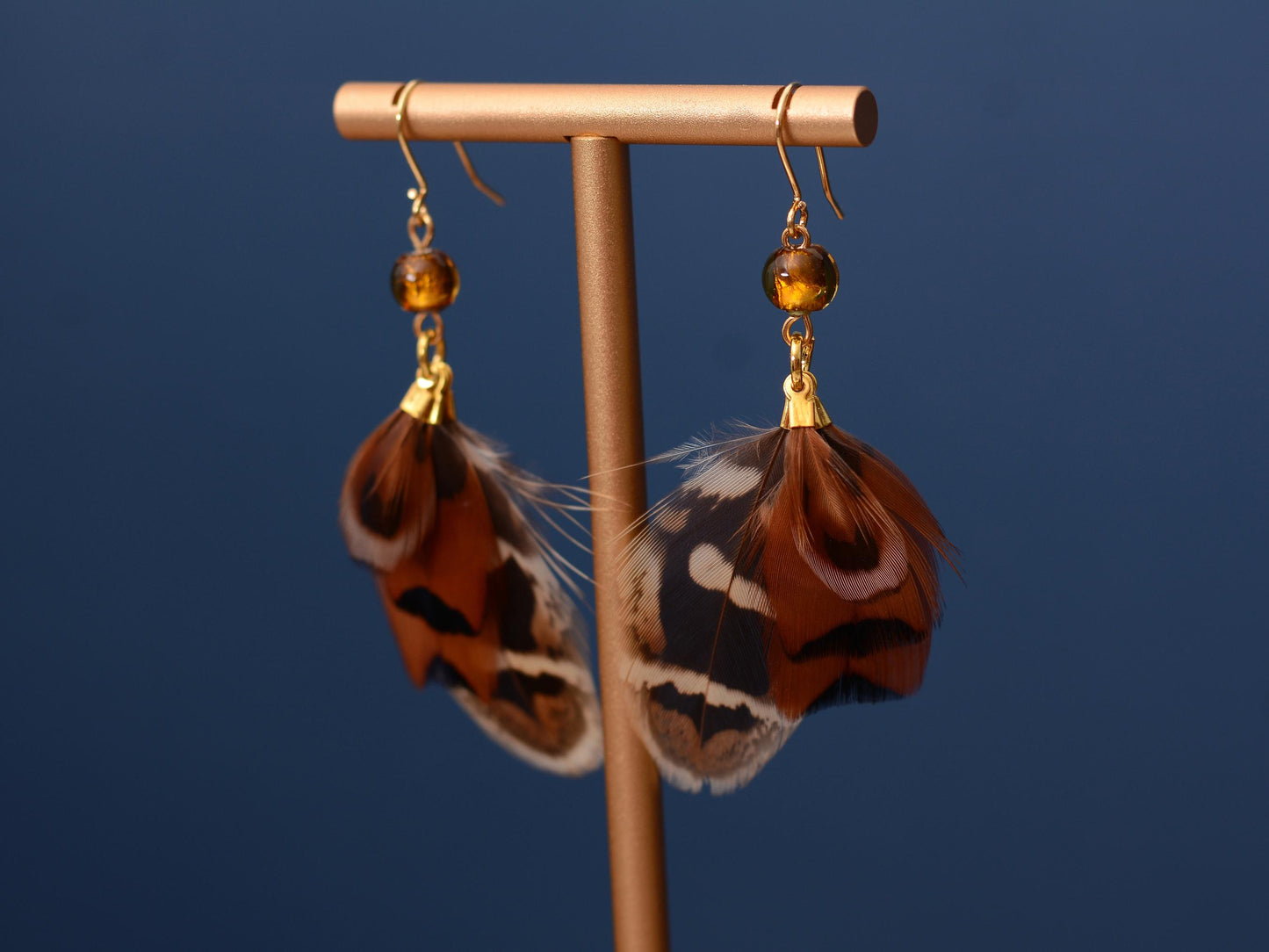 Pheasant Tassel Feather Earrings with Amber Glass Bead | Festival Earrings | Feather Jewellery | Festival Jewellery
