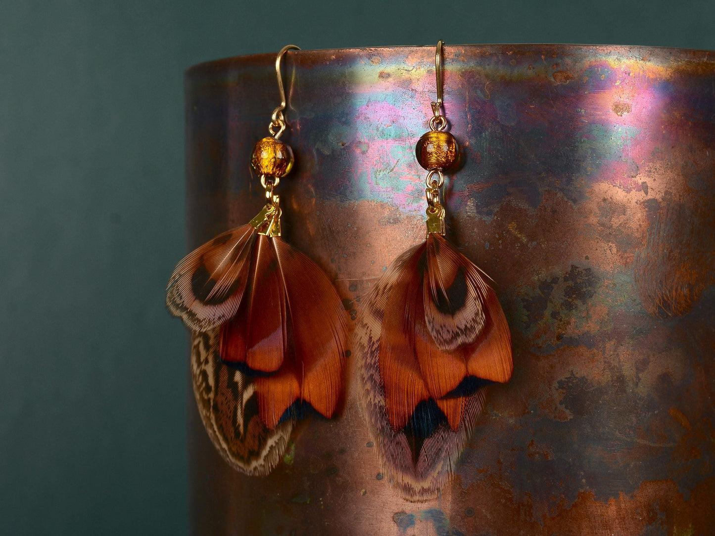 Pheasant Tassel Feather Earrings with Amber Glass Bead | Festival Earrings | Feather Jewellery | Festival Jewellery