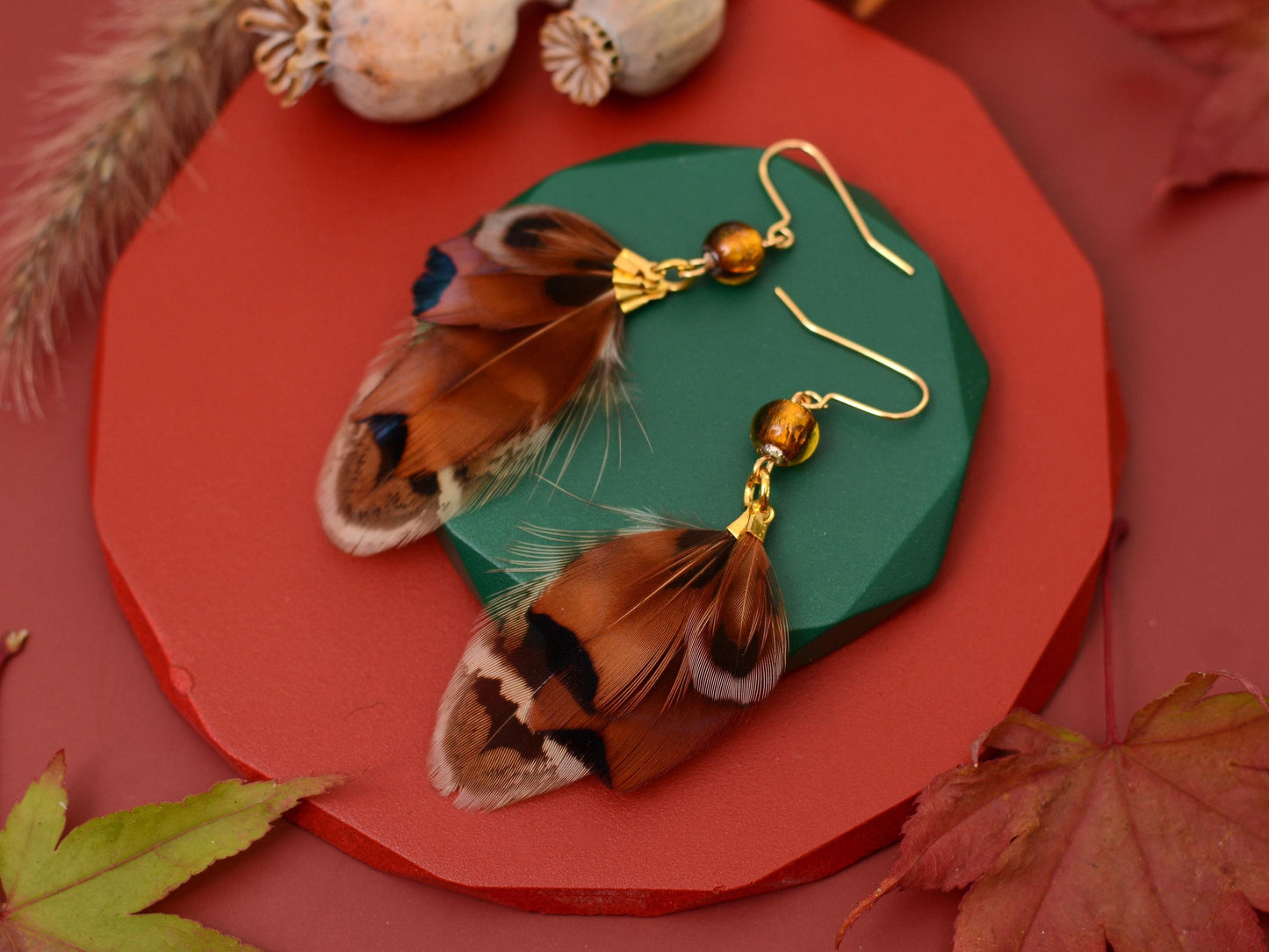 Pheasant Tassel Feather Earrings with Amber Glass Bead | Festival Earrings | Feather Jewellery | Festival Jewellery