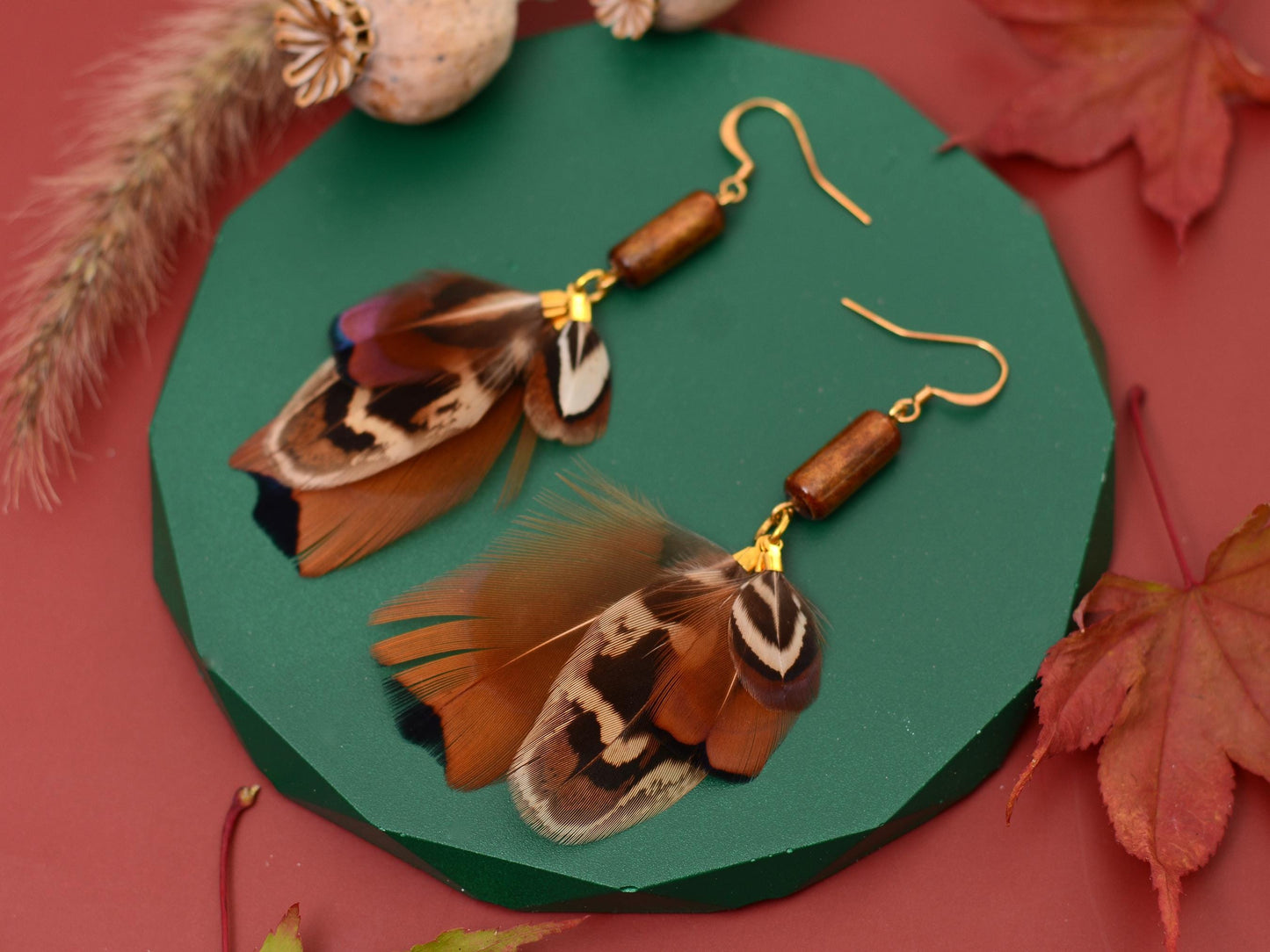 Pheasant Tassel Feather Earrings with Vintage Glass Tube Bead | Festival Earrings | Feather Jewellery | Festival Jewellery