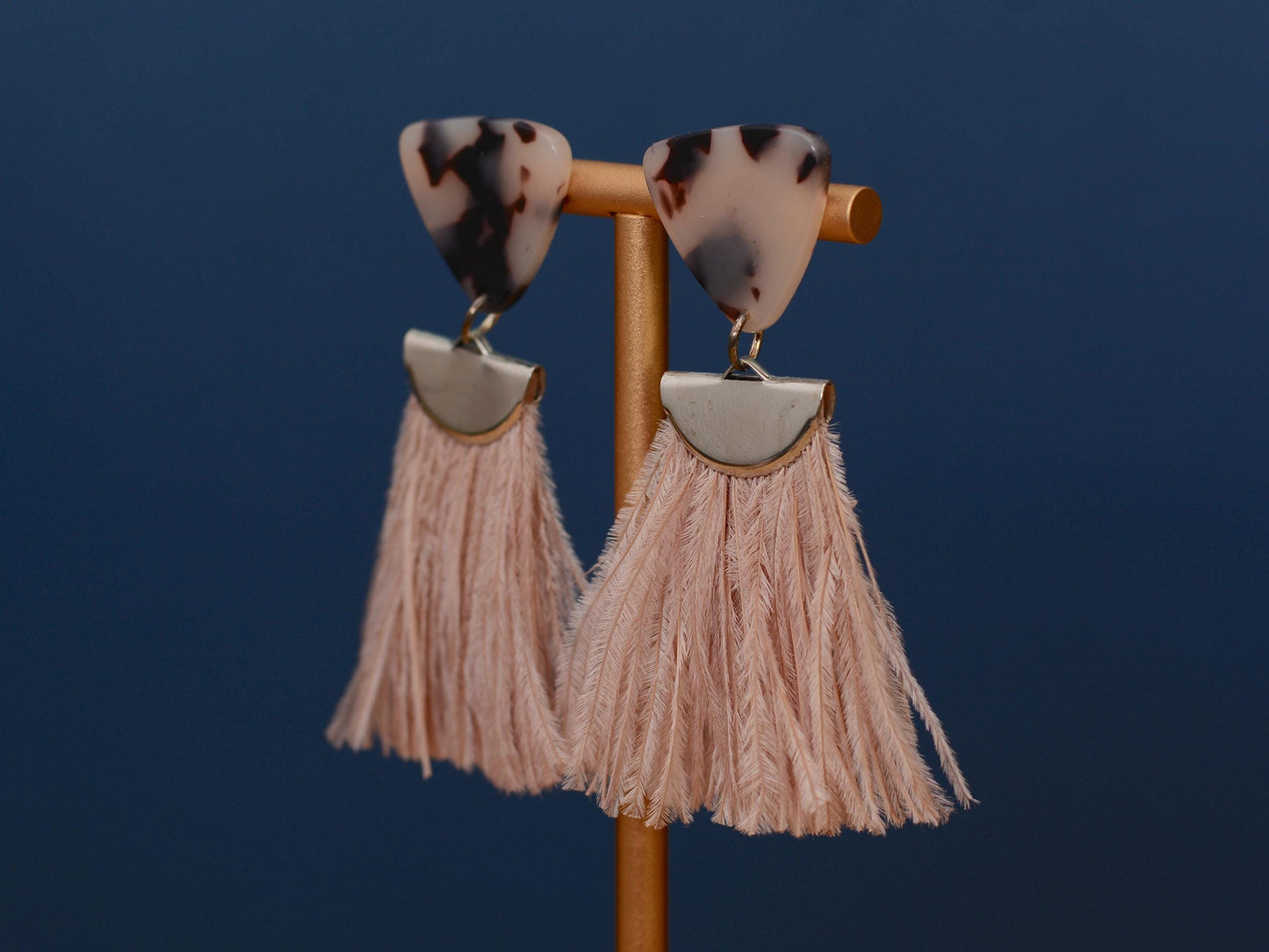 Nude Pink and Tortoiseshell Ostrich Feather Tassel Earrings