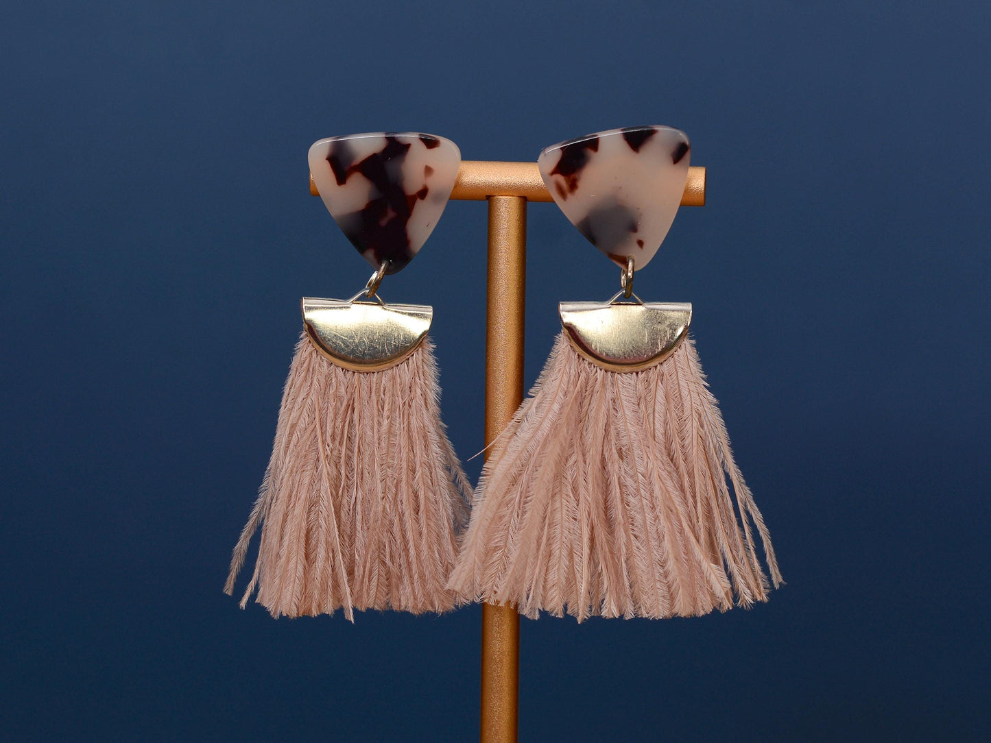 Nude Pink and Tortoiseshell Ostrich Feather Tassel Earrings