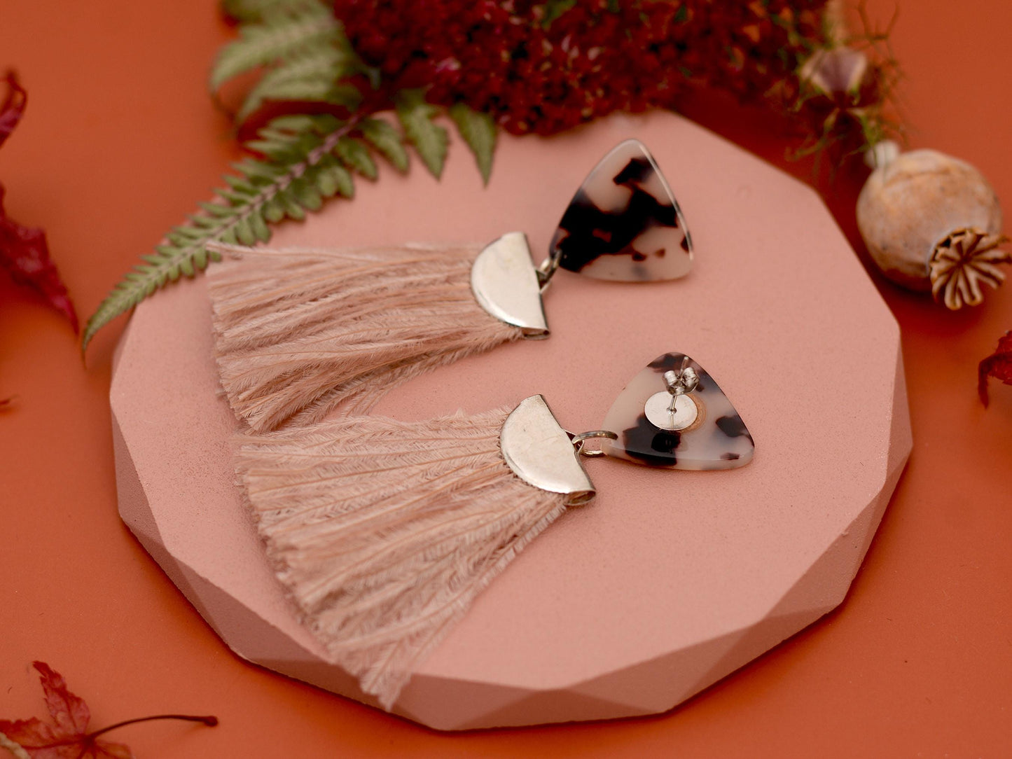 Nude Pink and Tortoiseshell Ostrich Feather Tassel Earrings