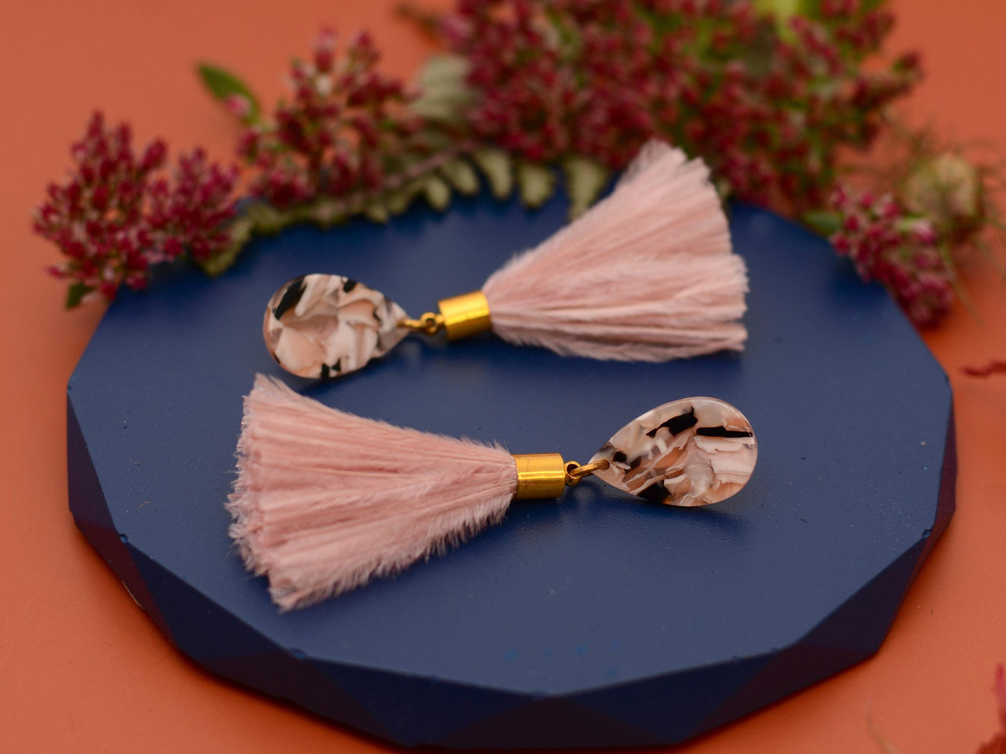 Blush Pink Marble Acetate and Ostrich Feather Tassel Earrings