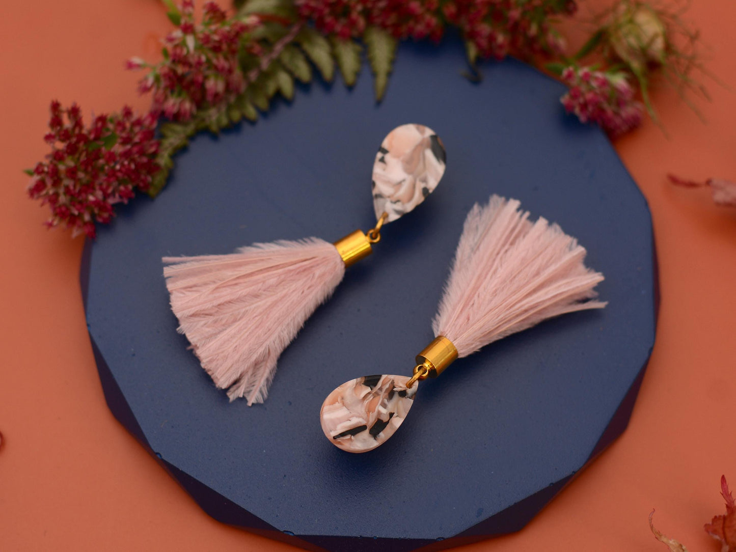 Blush Pink Marble Acetate and Ostrich Feather Tassel Earrings