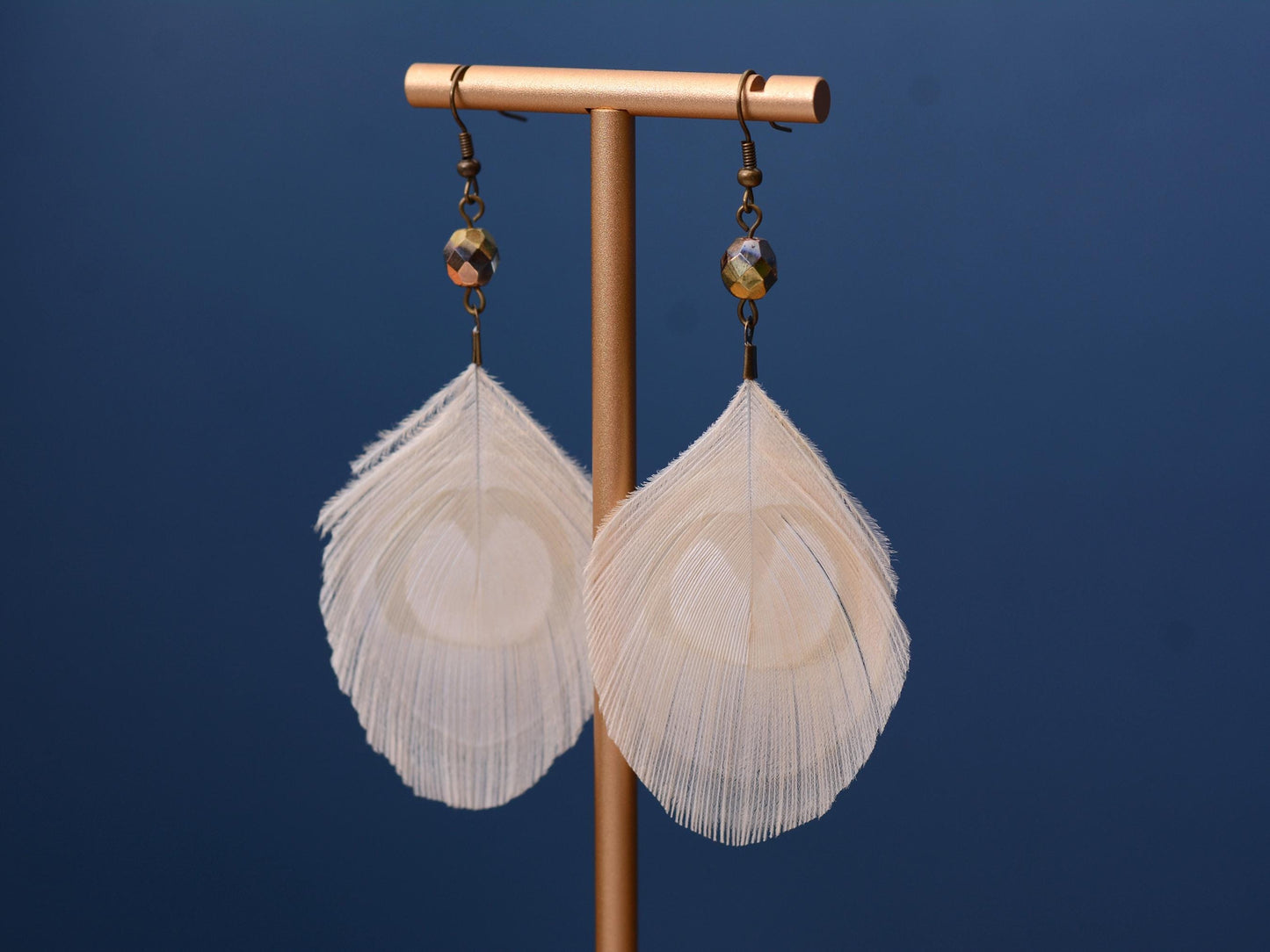 Large Ivory / White Peacock Eye Feather Earrings with Rose Gold Crystal Beads| Bridal Earrings | Boho Bride | Bohemian Bride