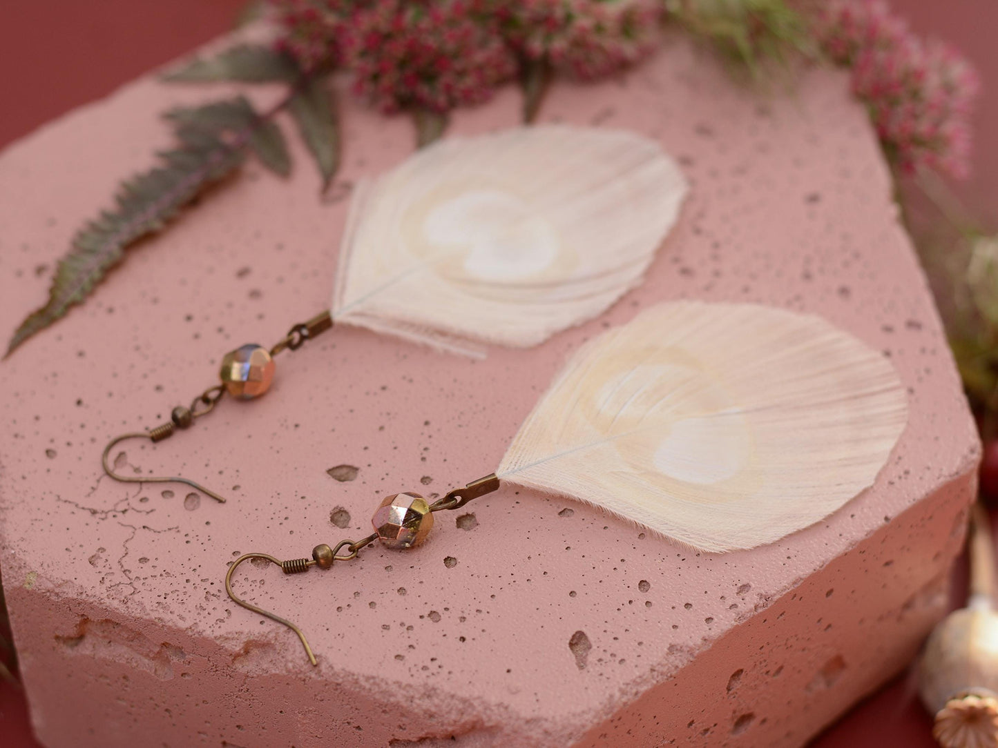 Large Ivory / White Peacock Eye Feather Earrings with Rose Gold Crystal Beads| Bridal Earrings | Boho Bride | Bohemian Bride