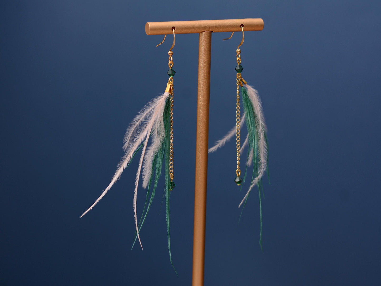 Delicate Emerald Green and Blush Pink Ostrich FeatherTassel Earrings
