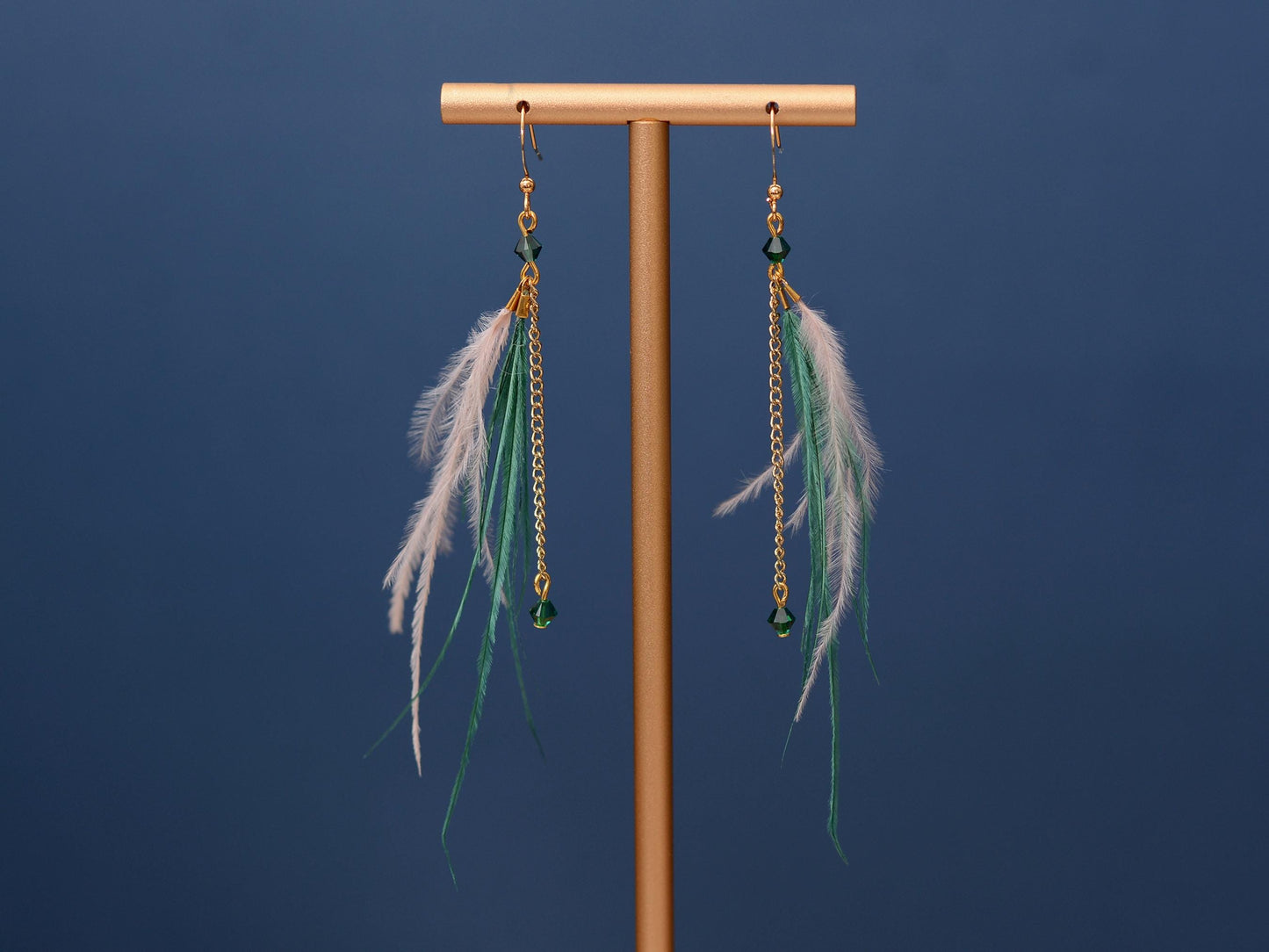 Delicate Emerald Green and Blush Pink Ostrich FeatherTassel Earrings