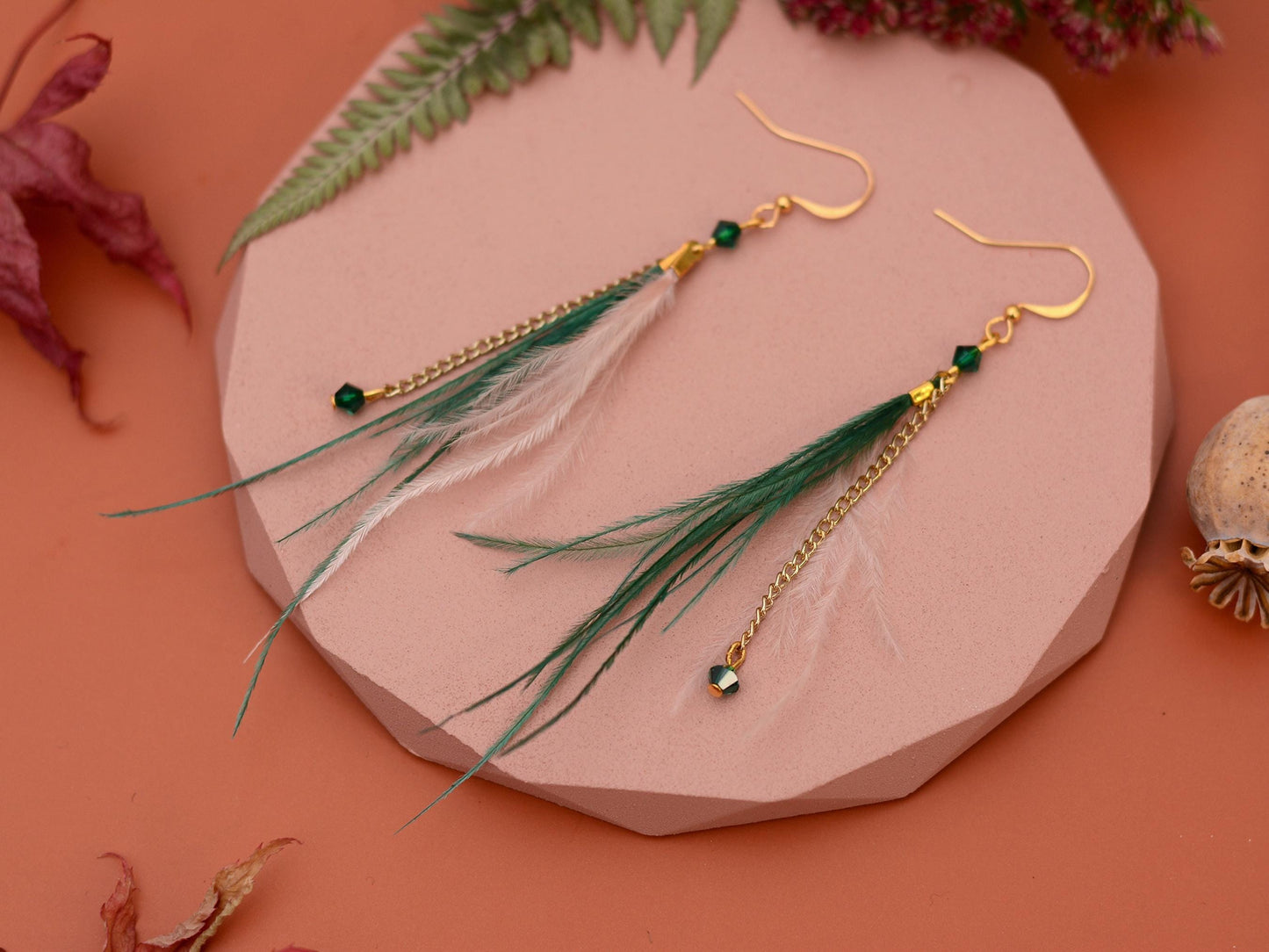 Delicate Emerald Green and Blush Pink Ostrich FeatherTassel Earrings