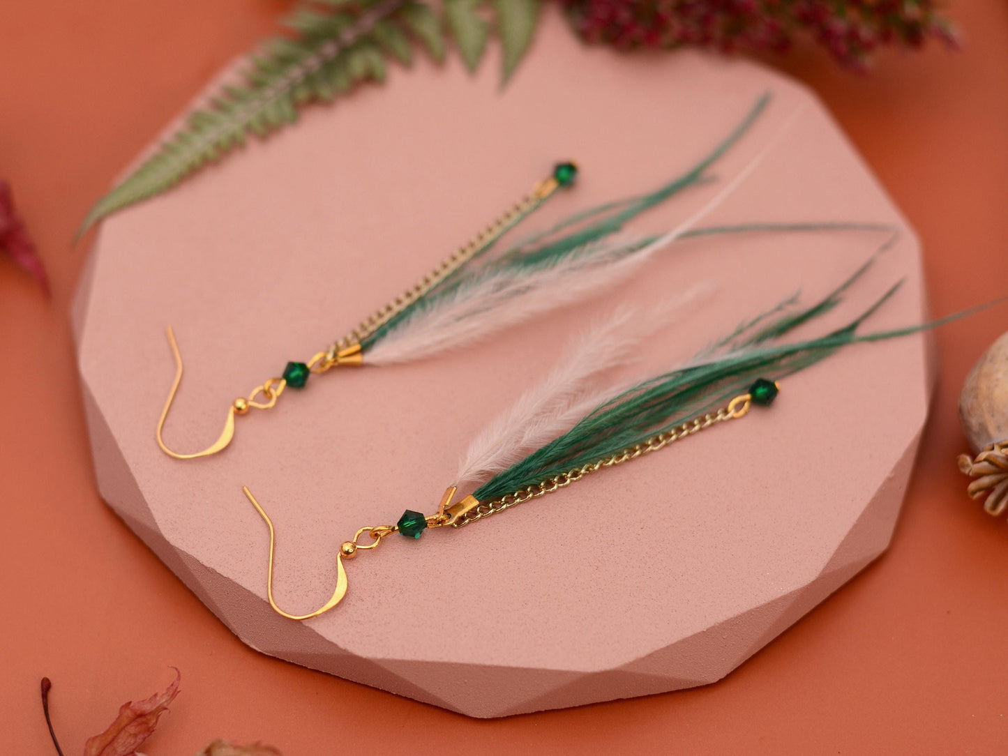 Delicate Emerald Green and Blush Pink Ostrich FeatherTassel Earrings