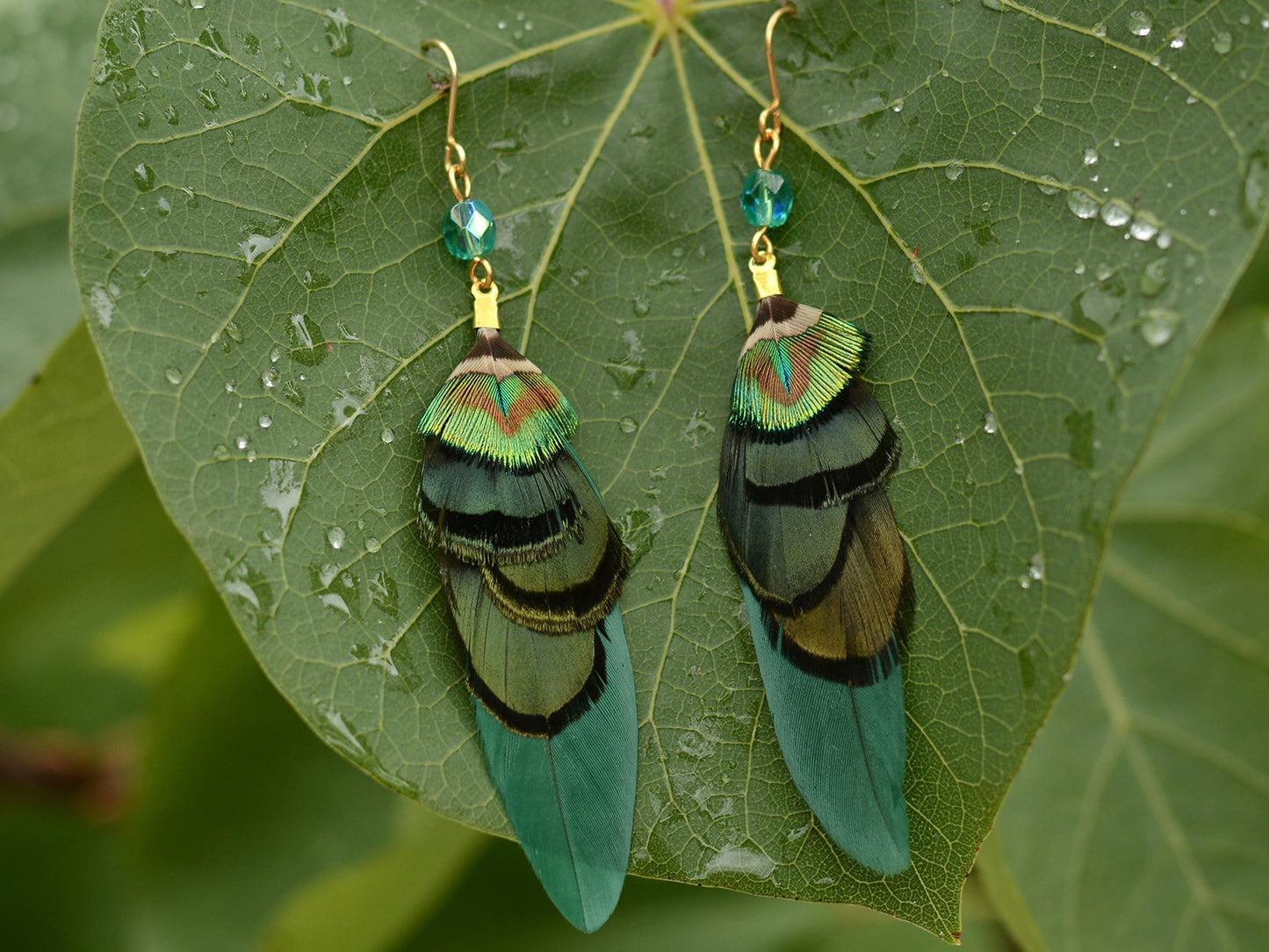 Green and Gold Small Feather Earrings with Emerald Crystal Bead | Festival Earrings | Feather Jewellery | Drop Earrings