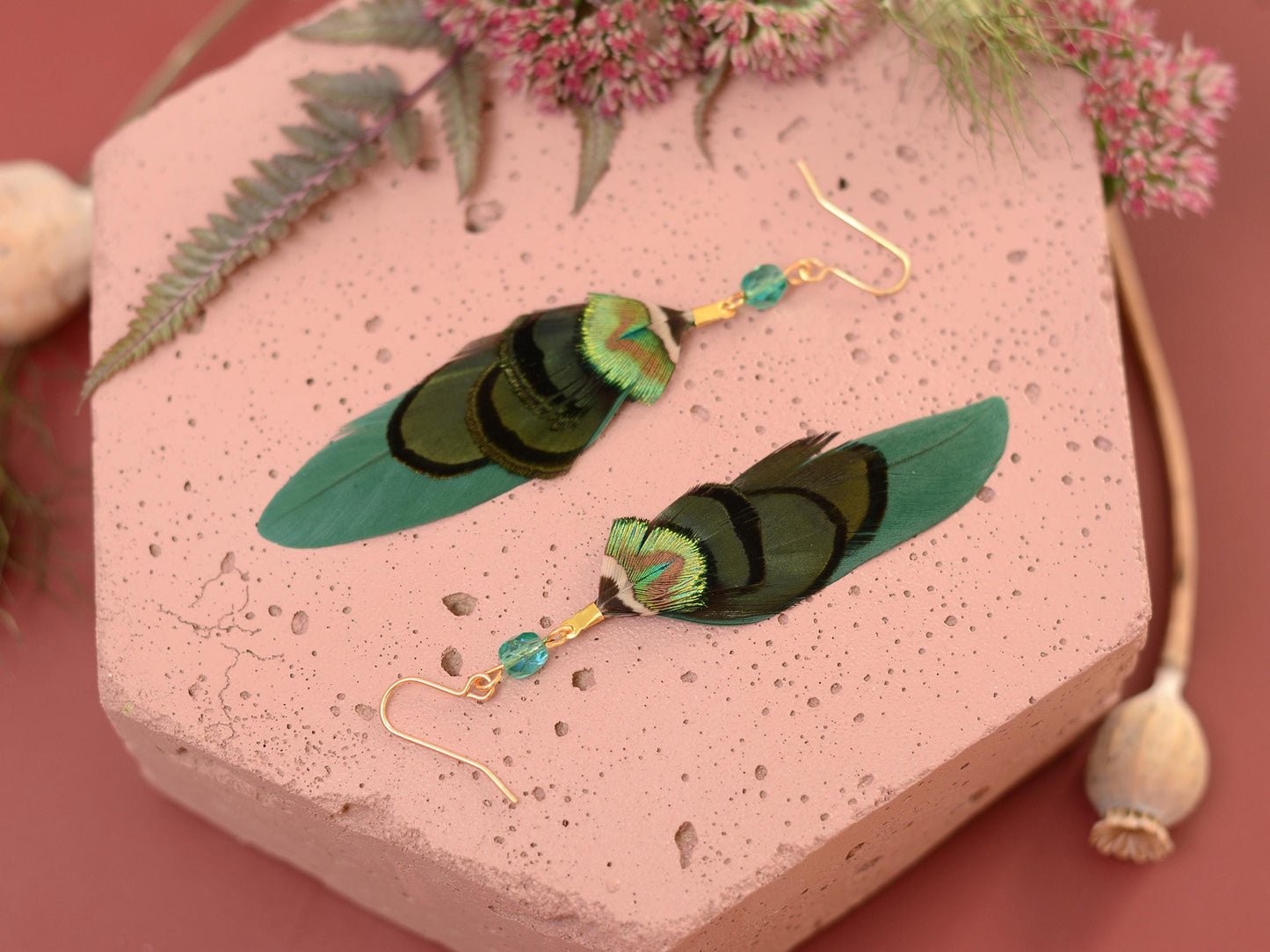 Green and Gold Small Feather Earrings with Emerald Crystal Bead | Festival Earrings | Feather Jewellery | Drop Earrings