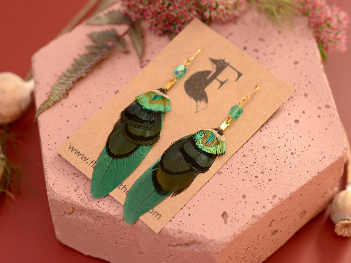Green and Gold Small Feather Earrings with Emerald Crystal Bead | Festival Earrings | Feather Jewellery | Drop Earrings