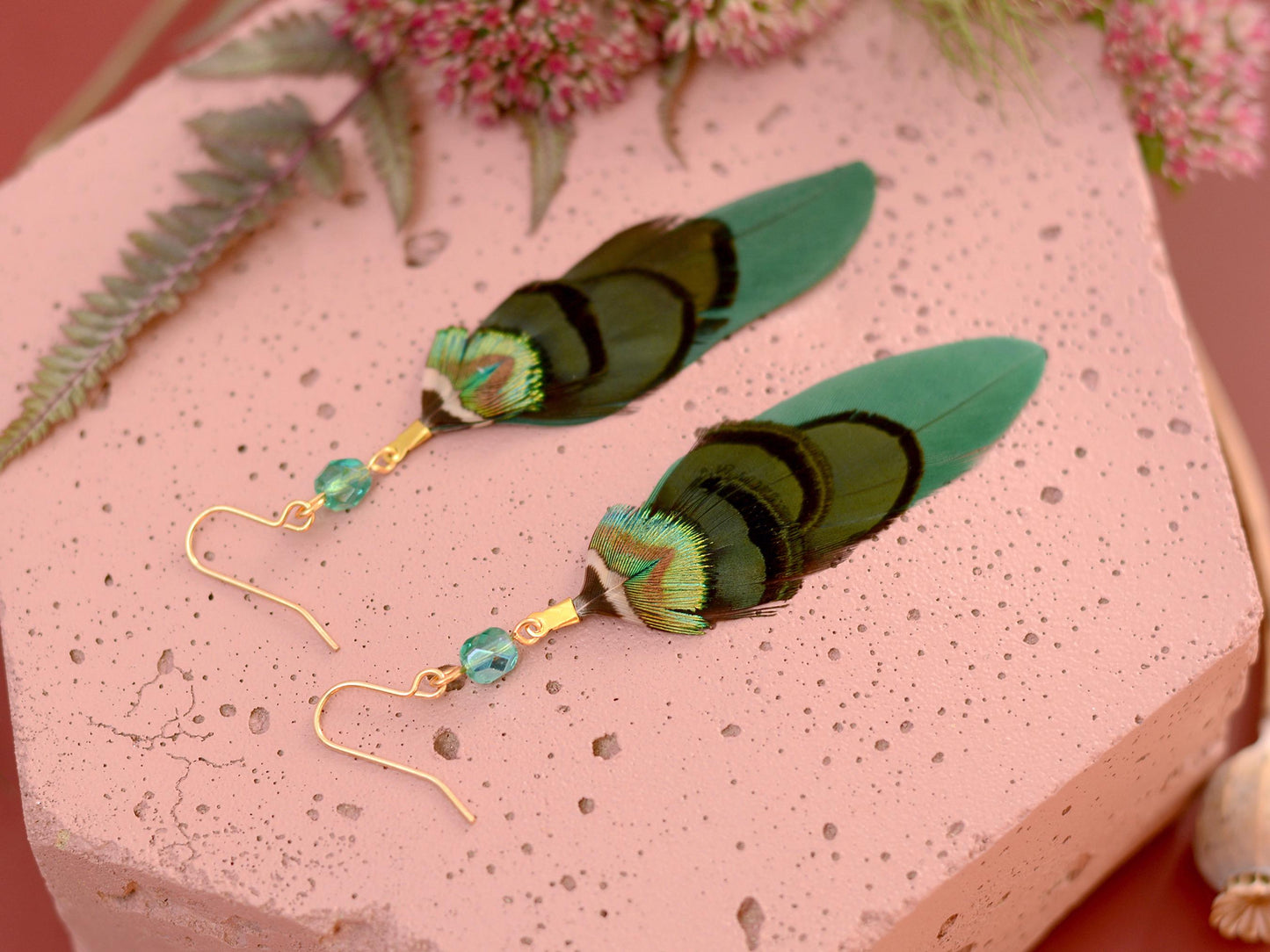 Green and Gold Small Feather Earrings with Emerald Crystal Bead | Festival Earrings | Feather Jewellery | Drop Earrings