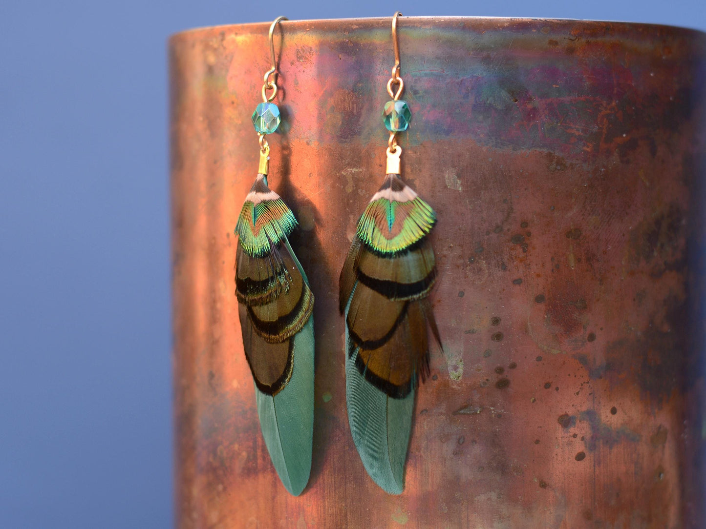 Green and Gold Small Feather Earrings with Emerald Crystal Bead | Festival Earrings | Feather Jewellery | Drop Earrings