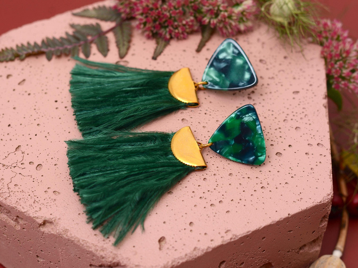 Rich Green Triangle Acetate and Ostrich Feather Tassel Earrings
