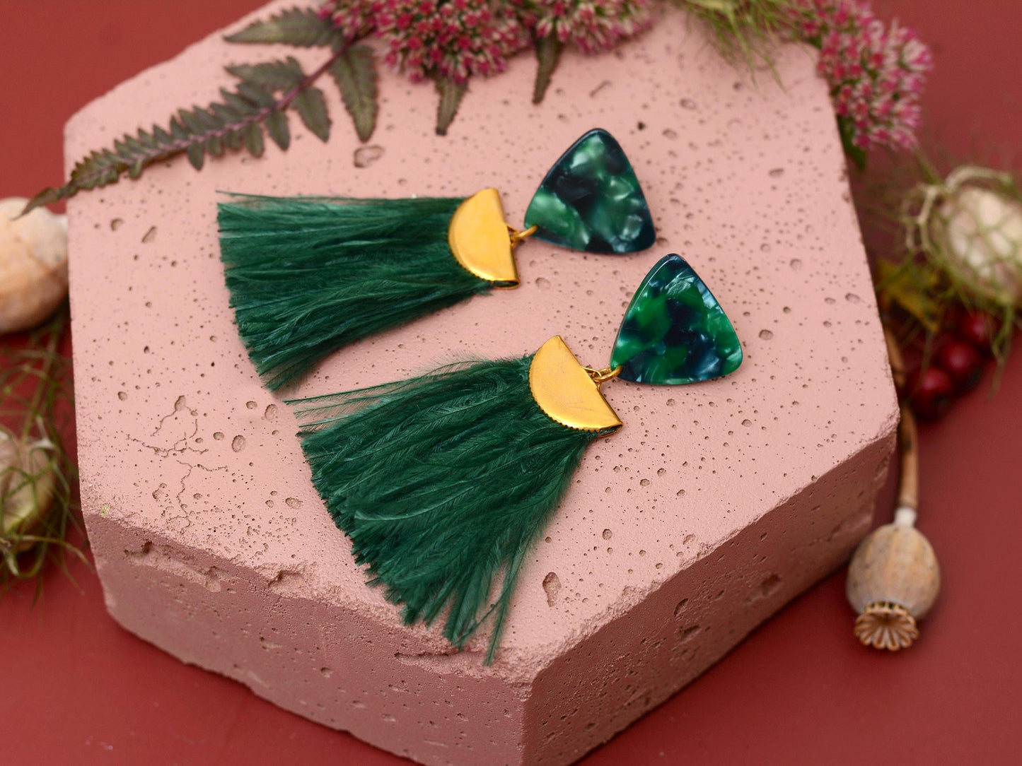 Rich Green Triangle Acetate and Ostrich Feather Tassel Earrings