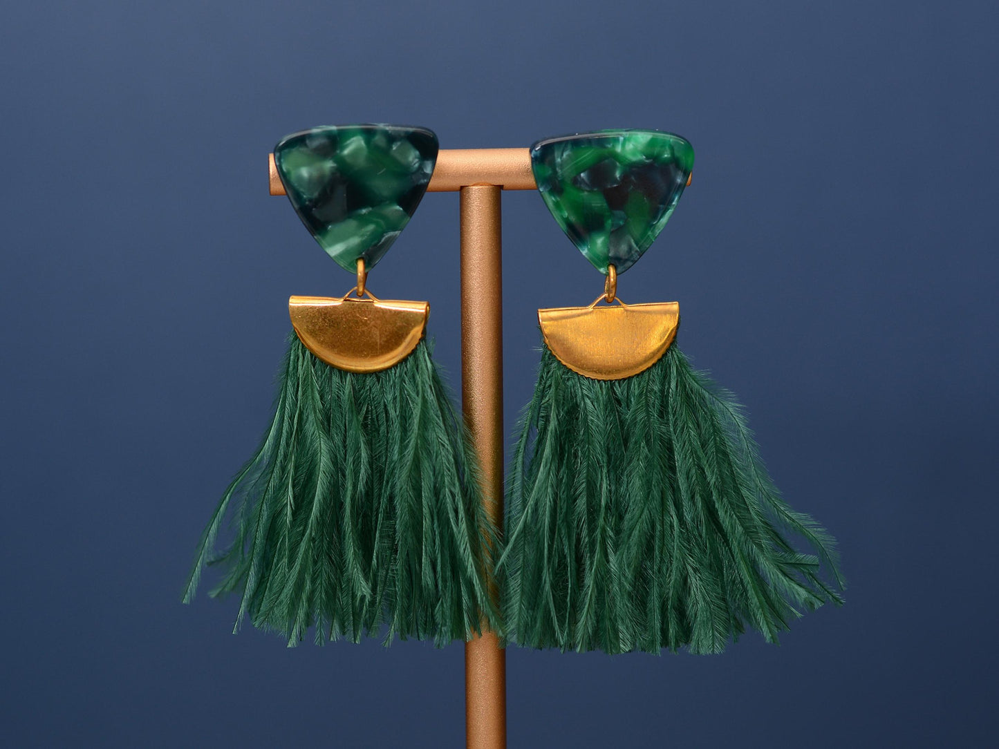 Rich Green Triangle Acetate and Ostrich Feather Tassel Earrings