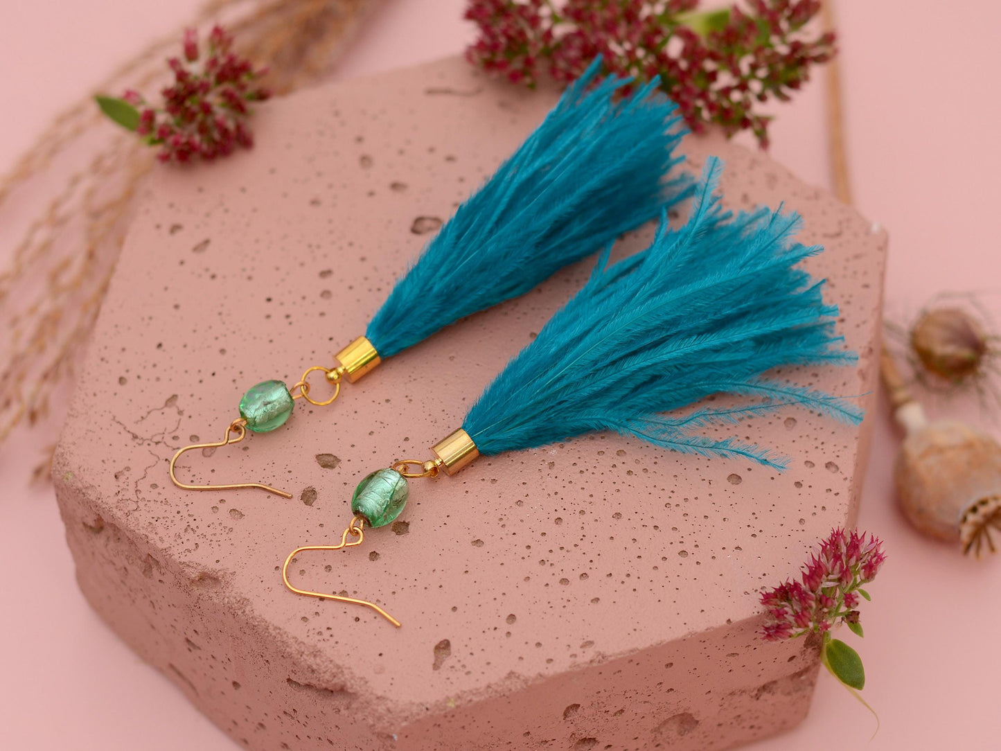 Long Turquoise Ostrich Feather Tassel Earrings | Festival Earrings | Feather Jewellery | Festival Jewellery | Long Earrings
