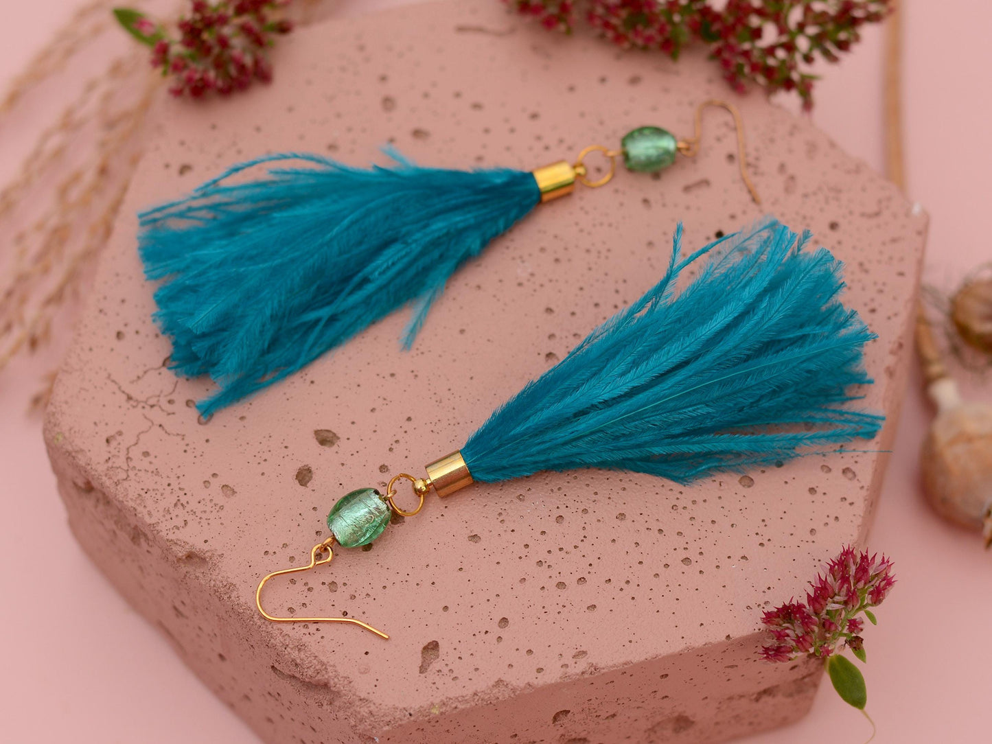 Long Turquoise Ostrich Feather Tassel Earrings | Festival Earrings | Feather Jewellery | Festival Jewellery | Long Earrings