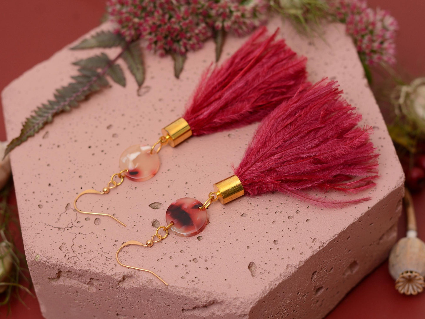 Jupiter - Crimson Red Ostrich Feather Tassel Earrings with Acetate Disc