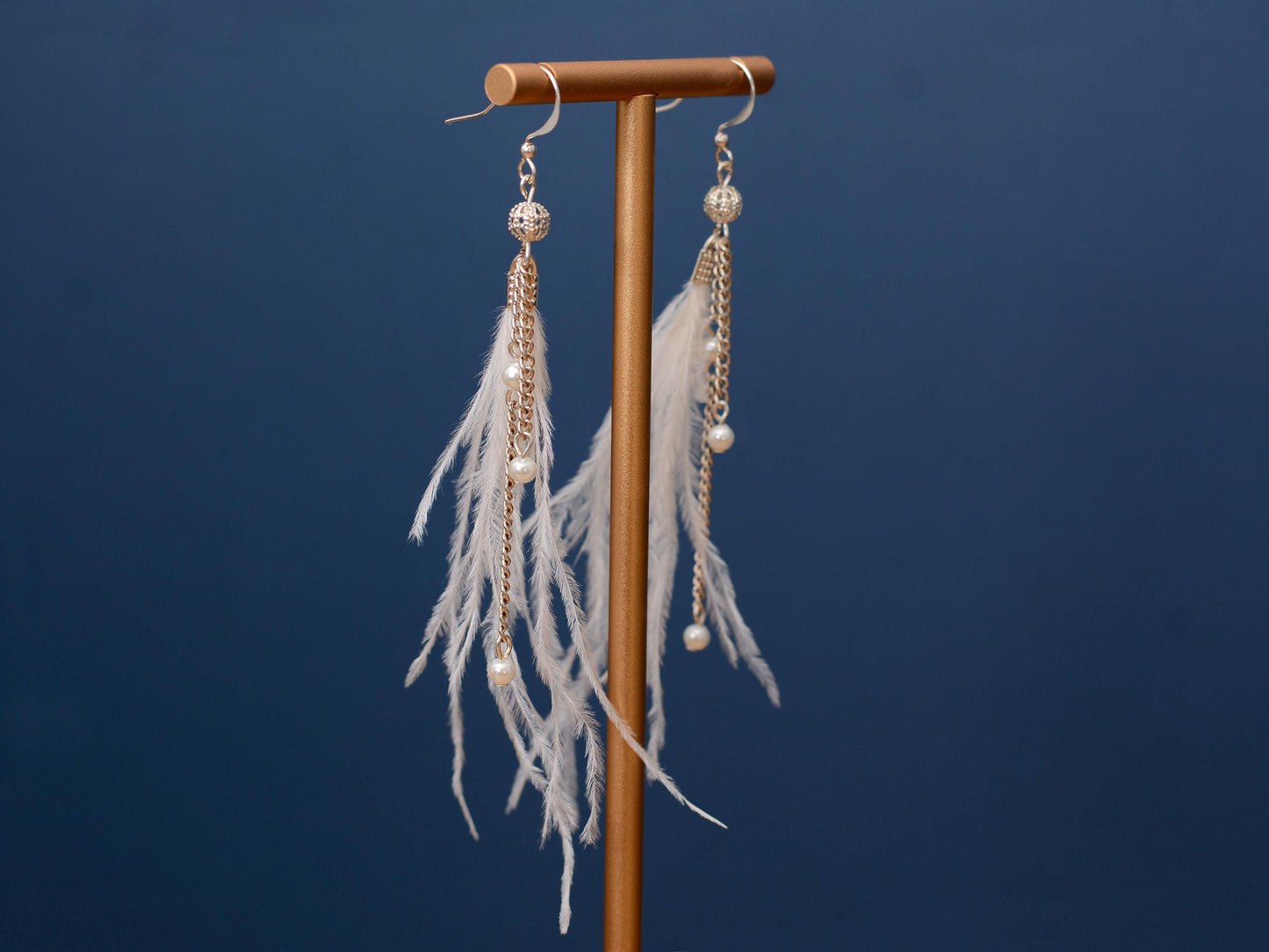 Bridal White Ostrich Feather Tassel Earrings with Pearls and Silver Beads