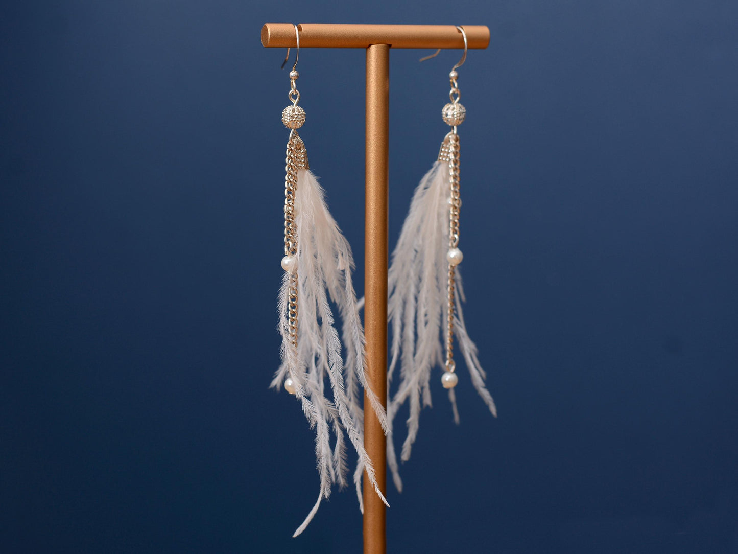 Bridal White Ostrich Feather Tassel Earrings with Pearls and Silver Beads