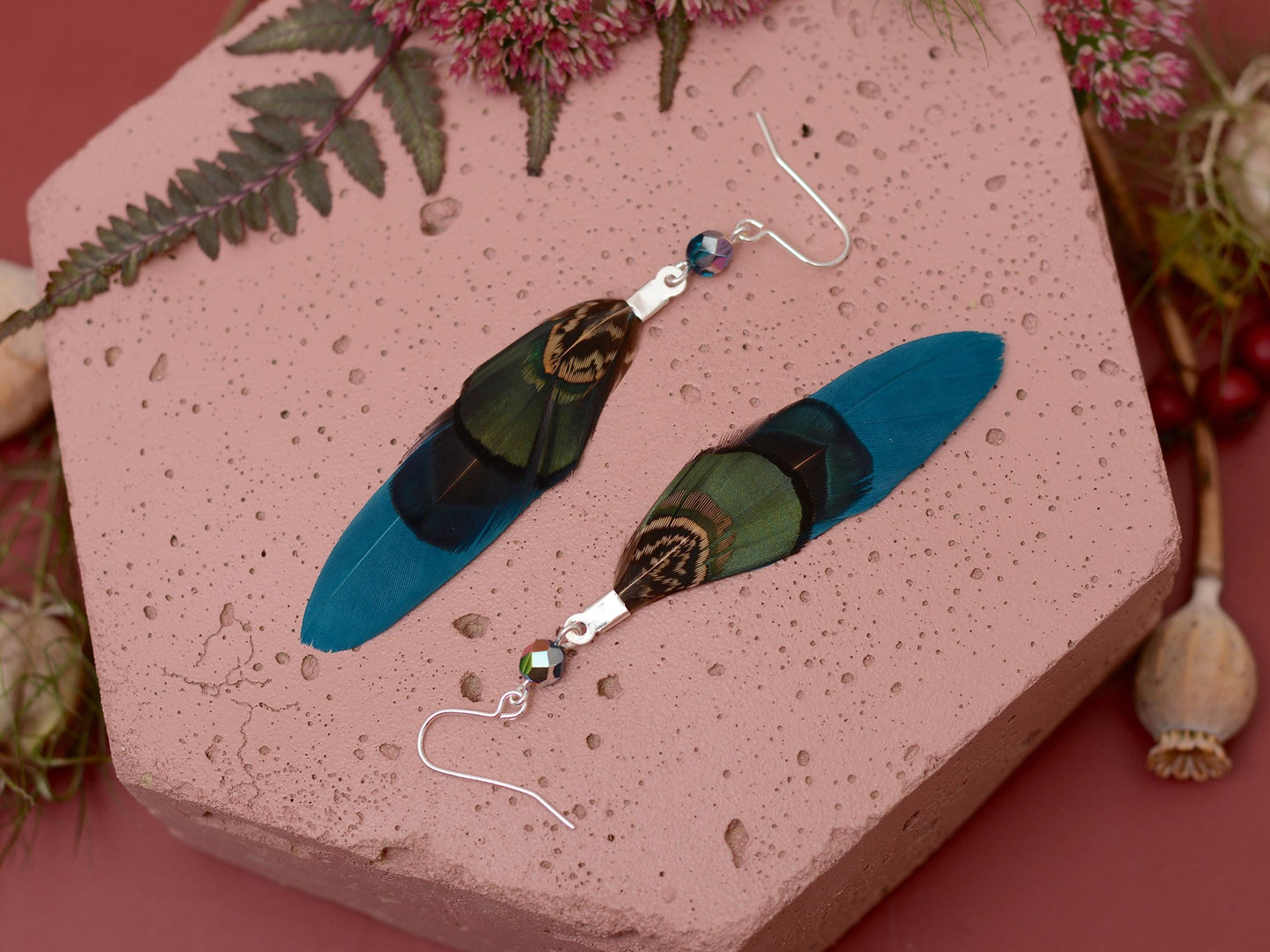 Teal, Blue and Green Pheasant Feather Earrings | Festival Earrings | Feather Jewellery | Festival Jewellery | Drop Earrings