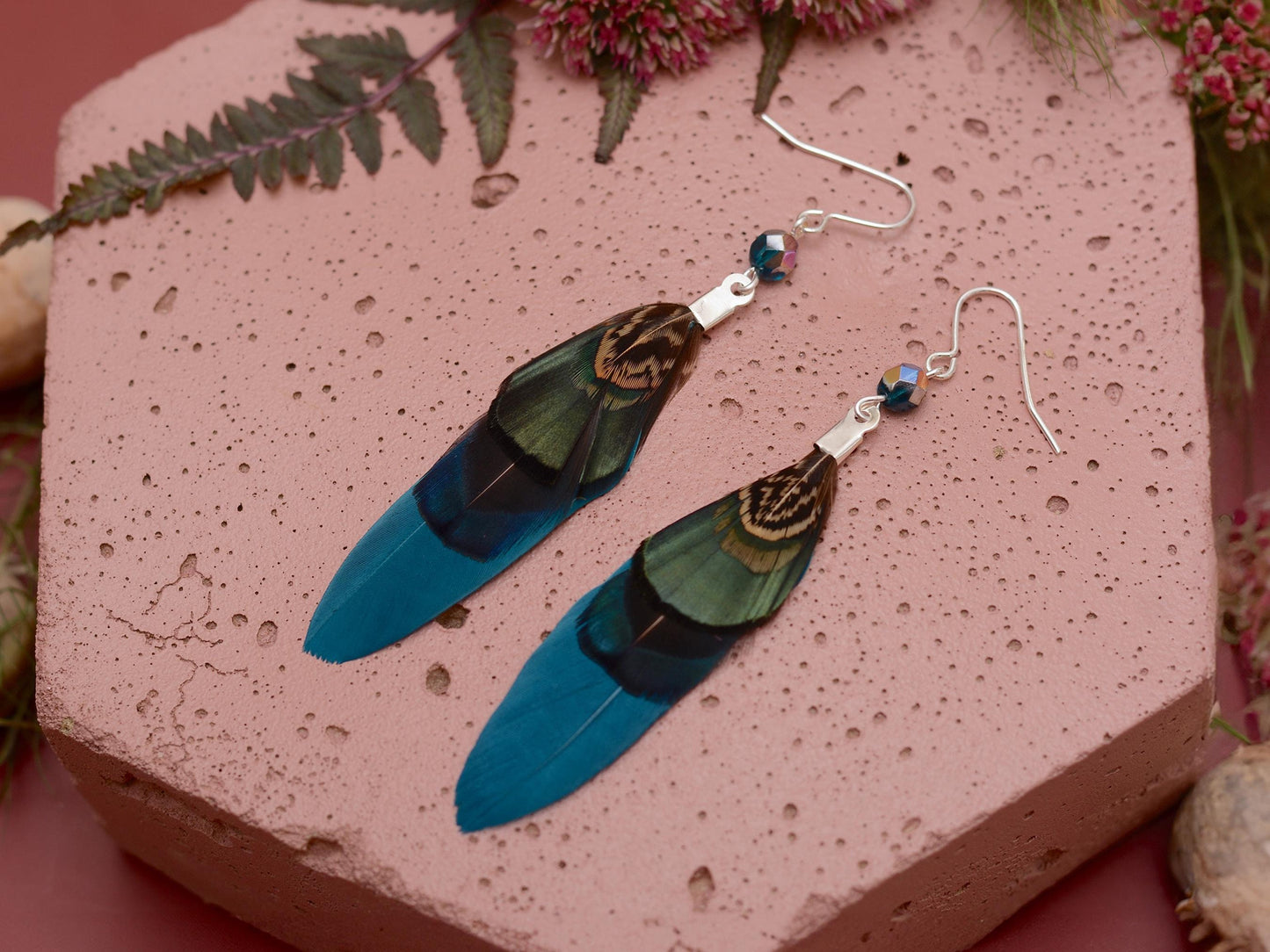 Teal, Blue and Green Pheasant Feather Earrings | Festival Earrings | Feather Jewellery | Festival Jewellery | Drop Earrings